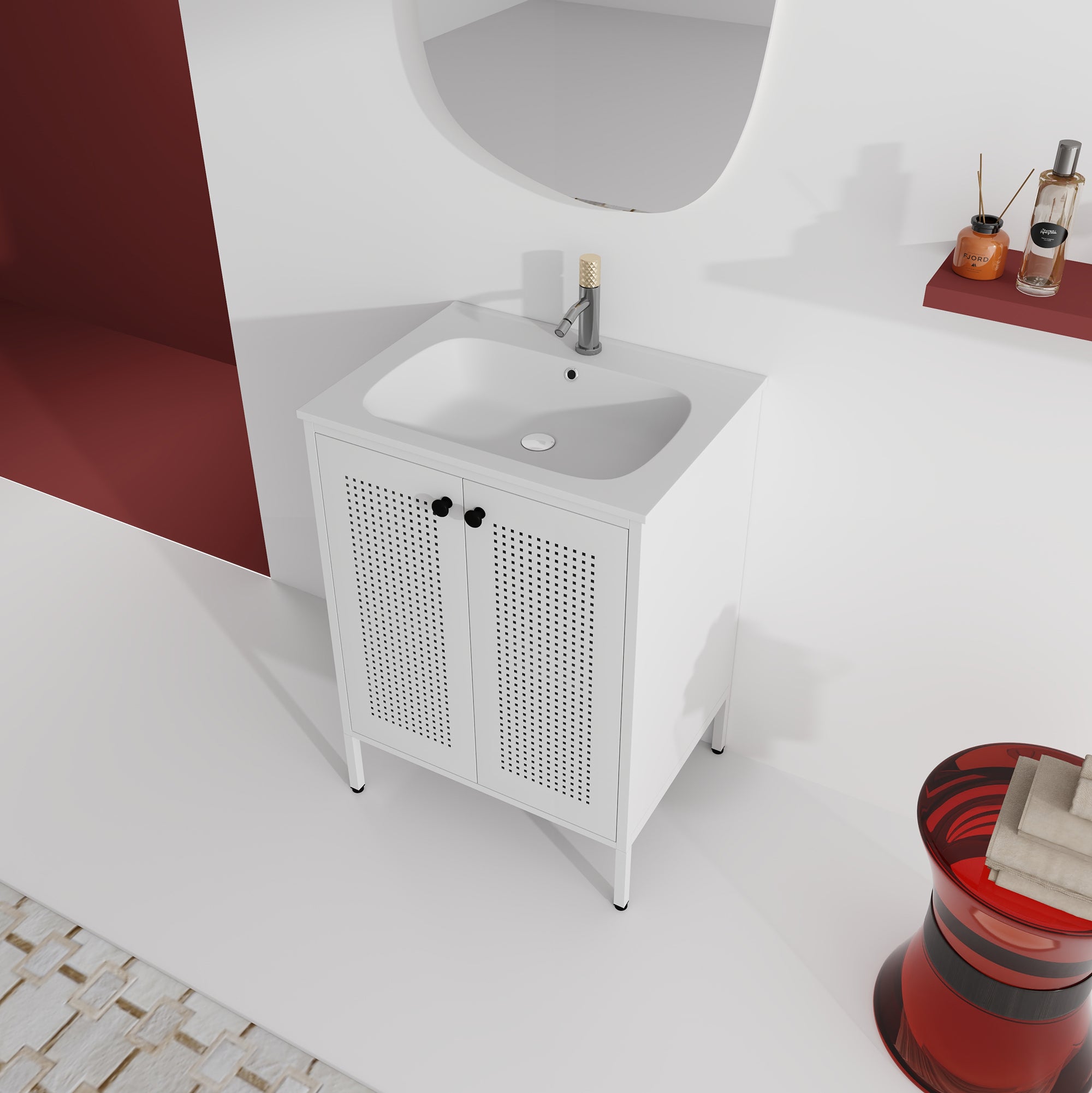 24 Inch Steel Freestanding Bathroom Vanity Set with Integrated Resin Basin and Door