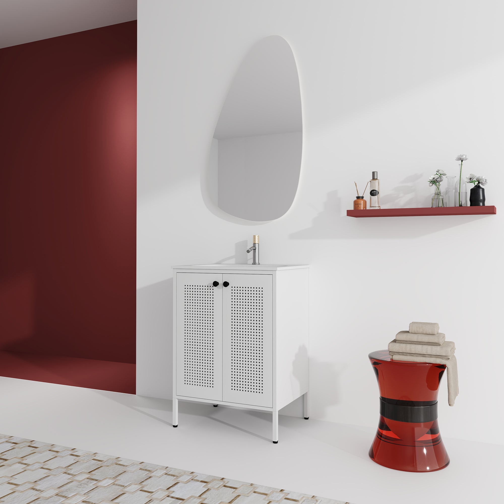 24 Inch Steel Freestanding Bathroom Vanity Set with Integrated Resin Basin and Door