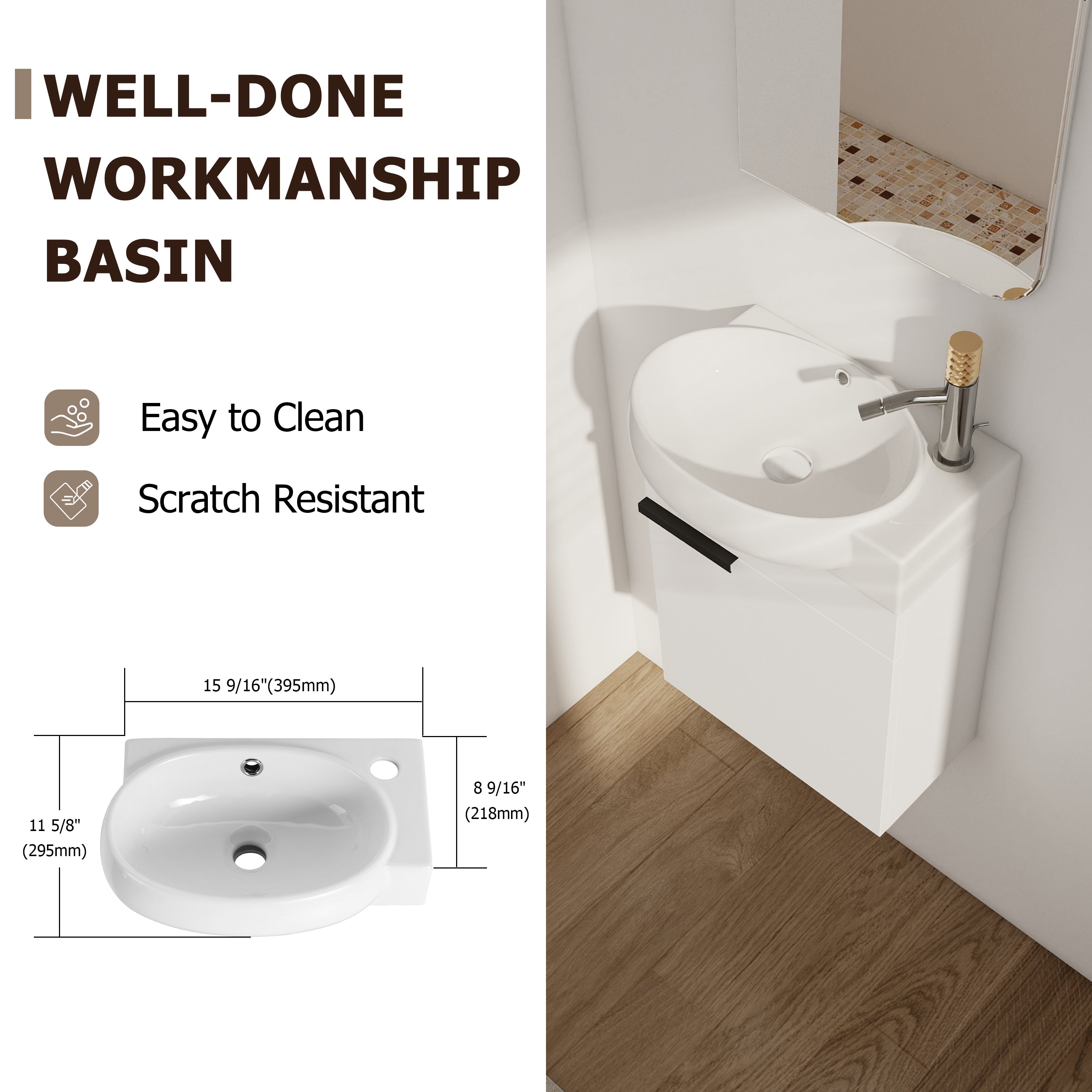17 in.W Wall-Mounted Plywood Bathroom Vanity in Gloss White with Ceramic Sink