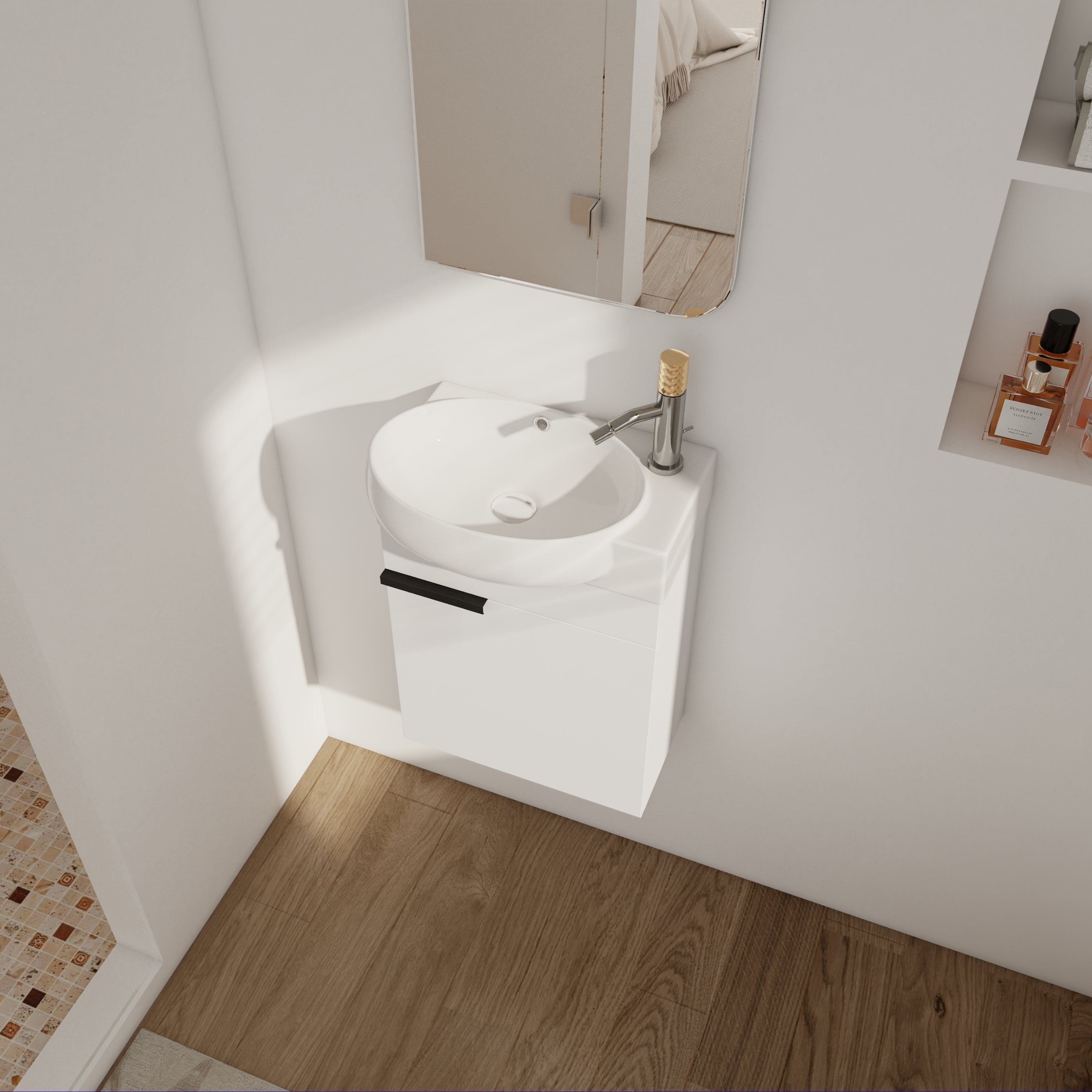 17 in.W Wall-Mounted Plywood Bathroom Vanity in Gloss White with Ceramic Sink