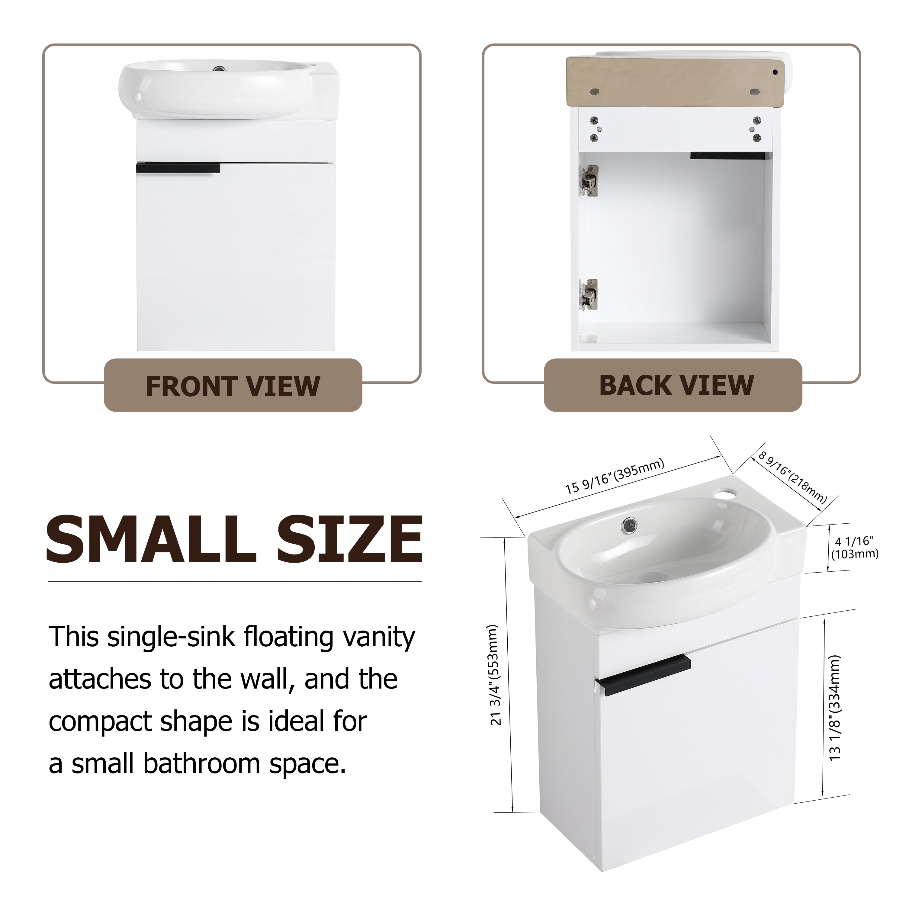 17 in.W Wall-Mounted Plywood Bathroom Vanity in Gloss White with Ceramic Sink