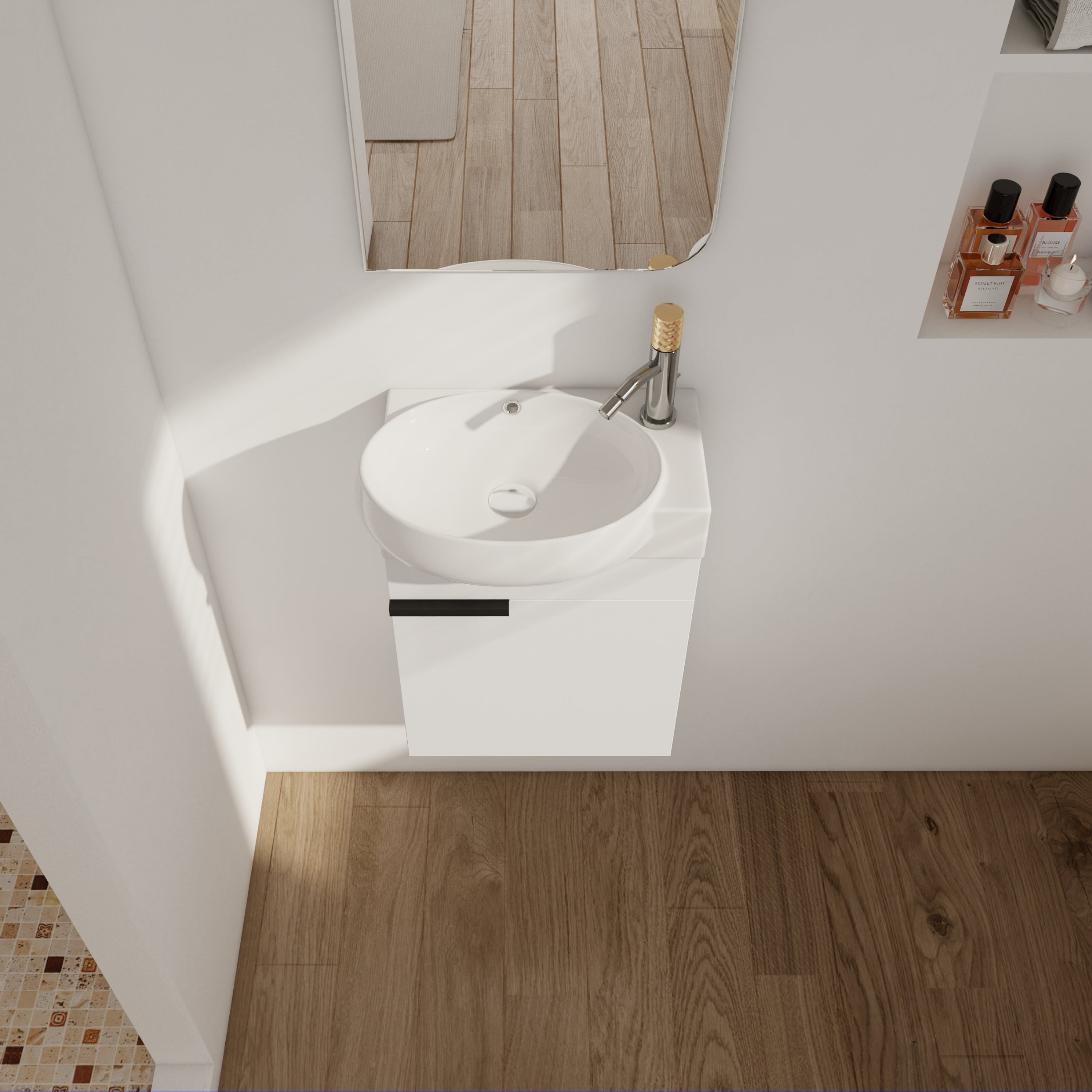 17 in.W Wall-Mounted Plywood Bathroom Vanity in Gloss White with Ceramic Sink