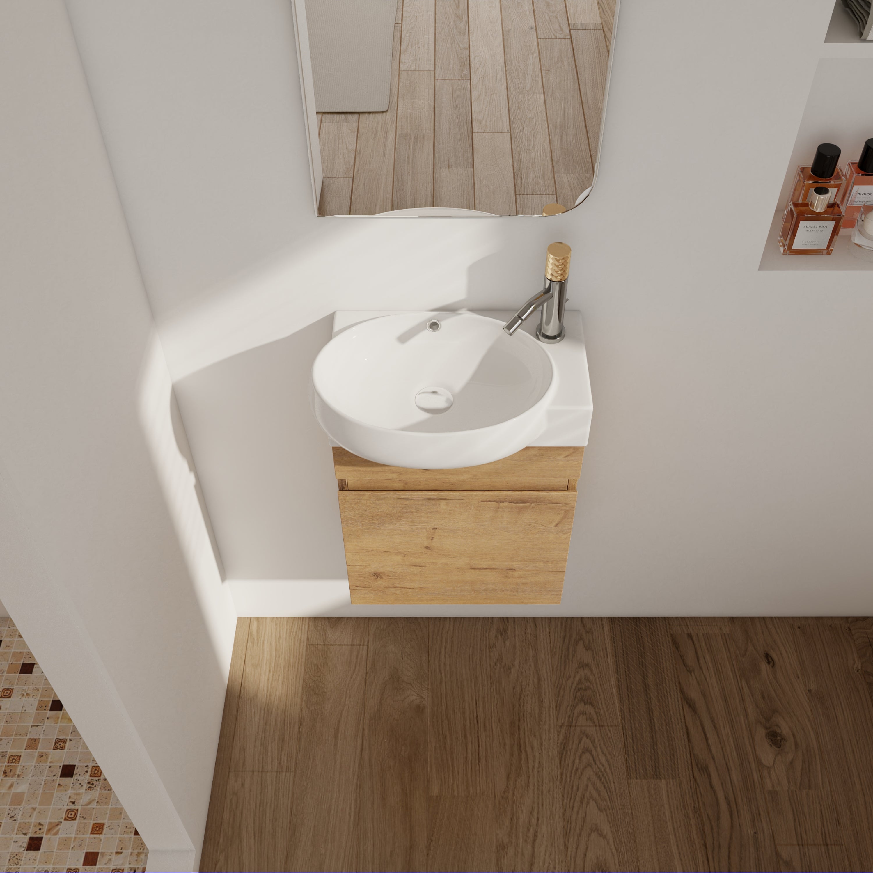 17 in.W Wall-Mounted Plywood Bathroom Vanity in Gloss White with Ceramic Sink