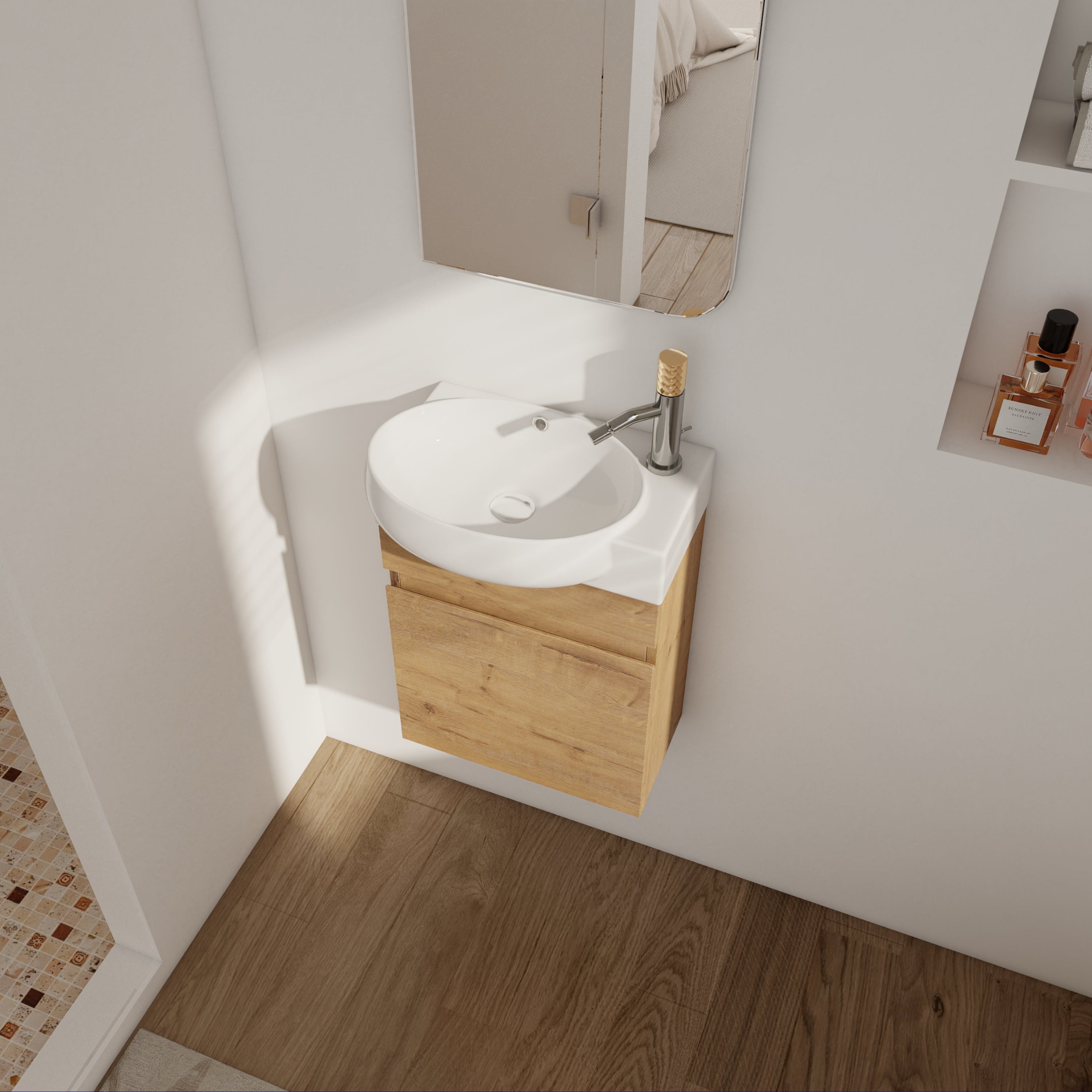 17 in.W Wall-Mounted Plywood Bathroom Vanity in Gloss White with Ceramic Sink