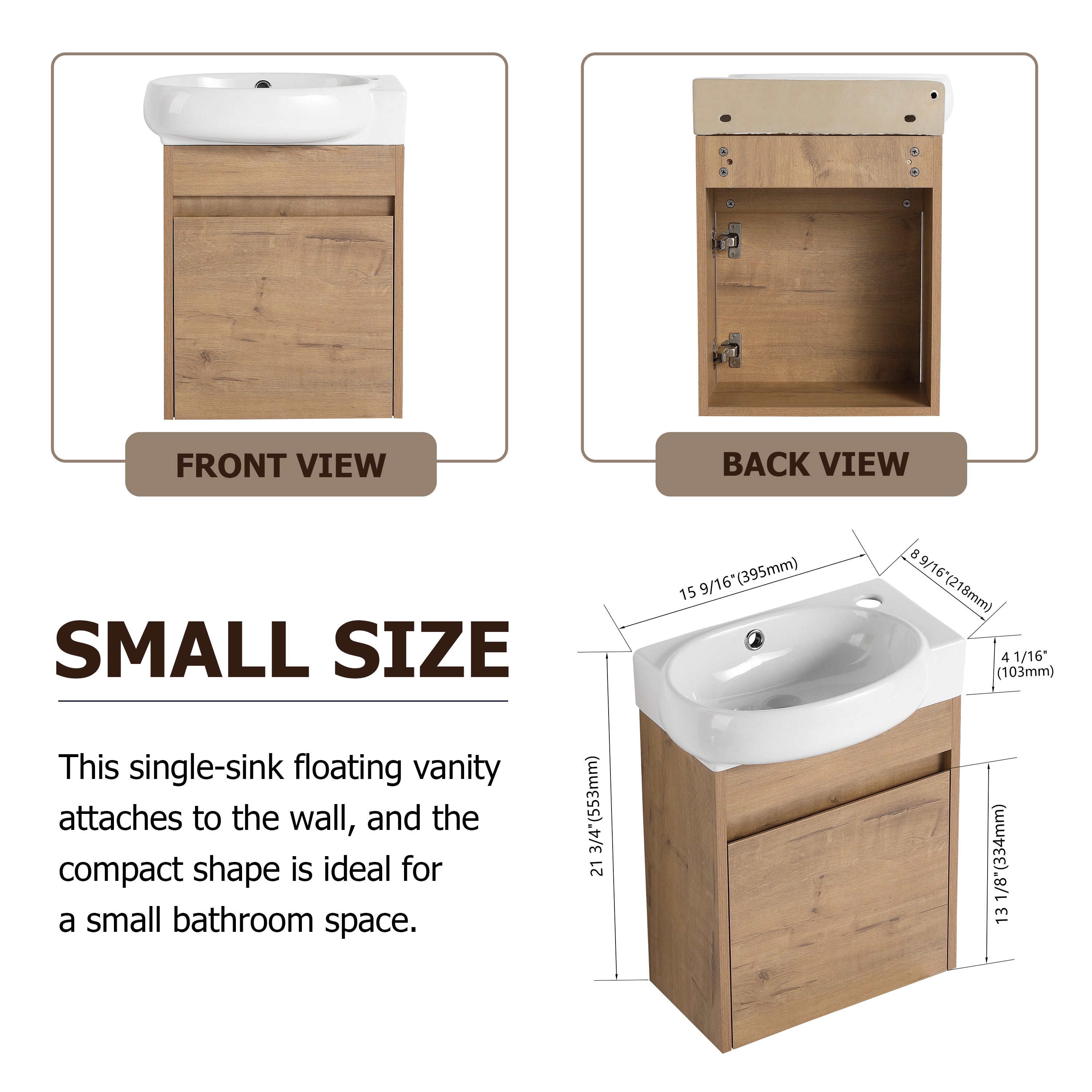 17 in.W Wall-Mounted Plywood Bathroom Vanity in Gloss White with Ceramic Sink