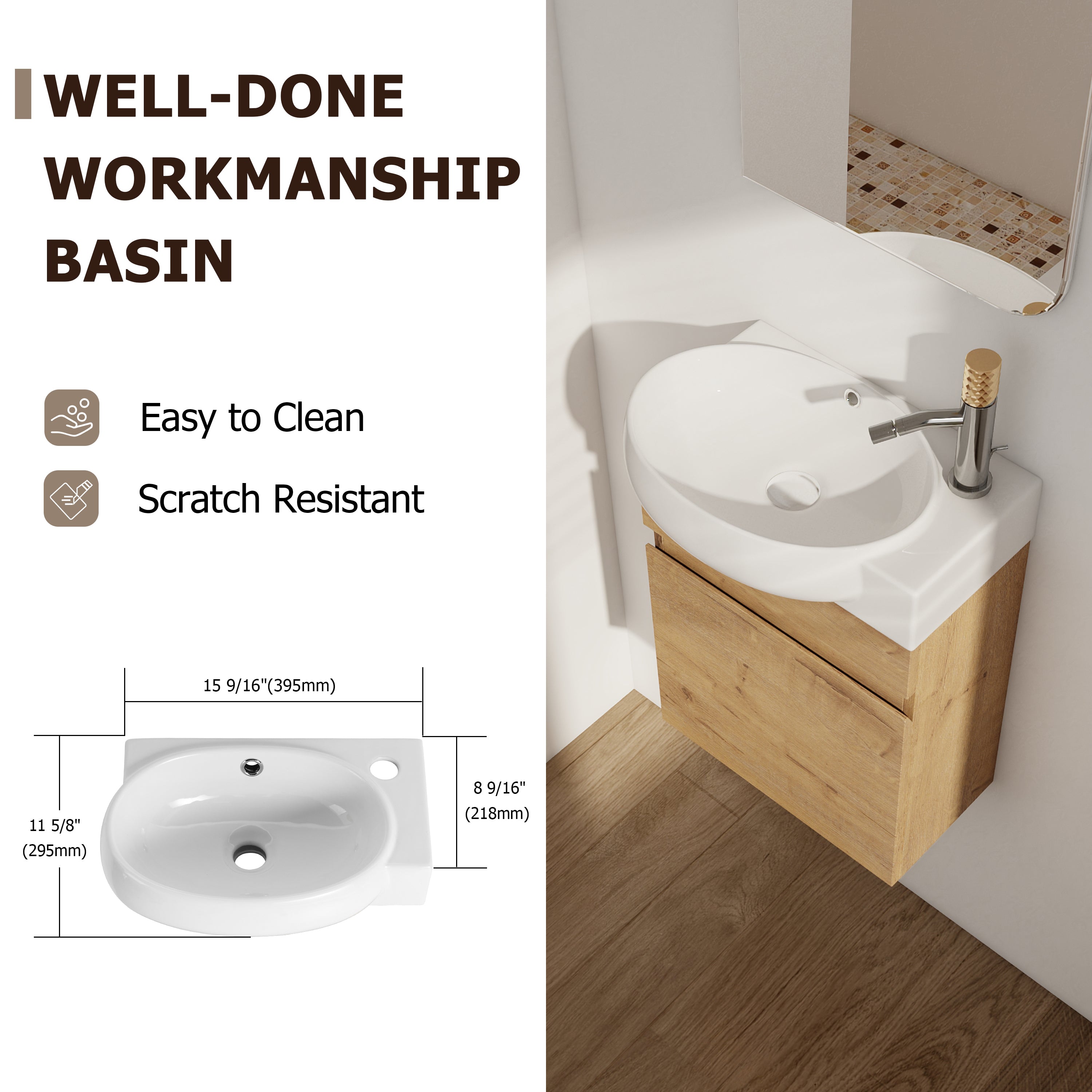 17 in.W Wall-Mounted Plywood Bathroom Vanity in Gloss White with Ceramic Sink
