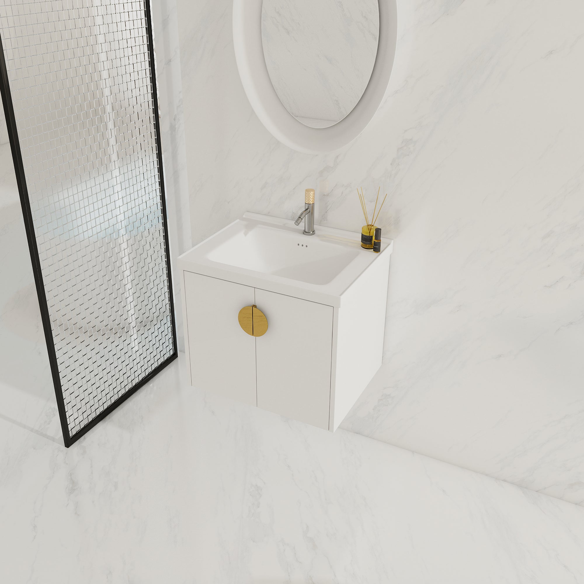 24"/28" inch Wall Mounted Bathroom Vanity Set in White with Integrated Ceramic Sink