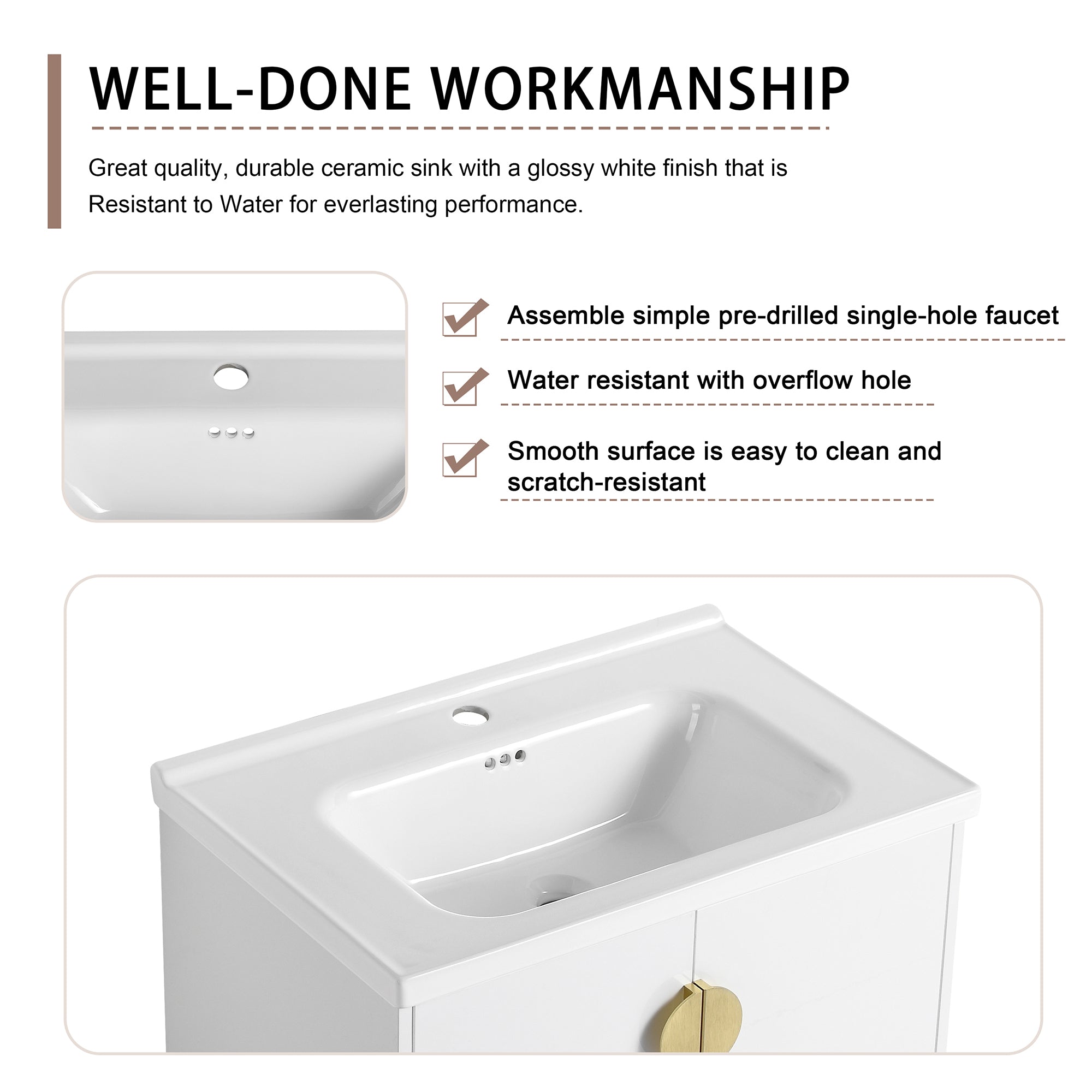 24"/28" inch Wall Mounted Bathroom Vanity Set in White with Integrated Ceramic Sink