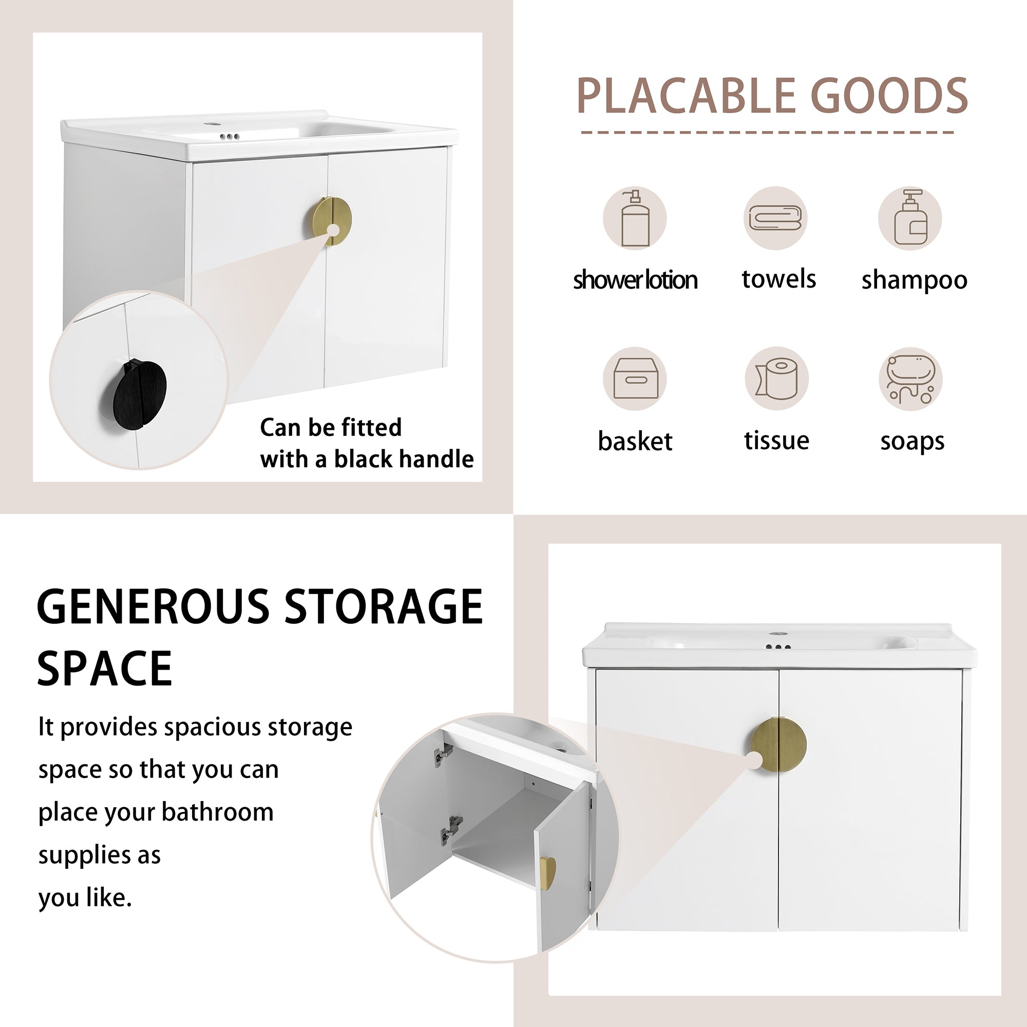 24"/28" inch Wall Mounted Bathroom Vanity Set in White with Integrated Ceramic Sink