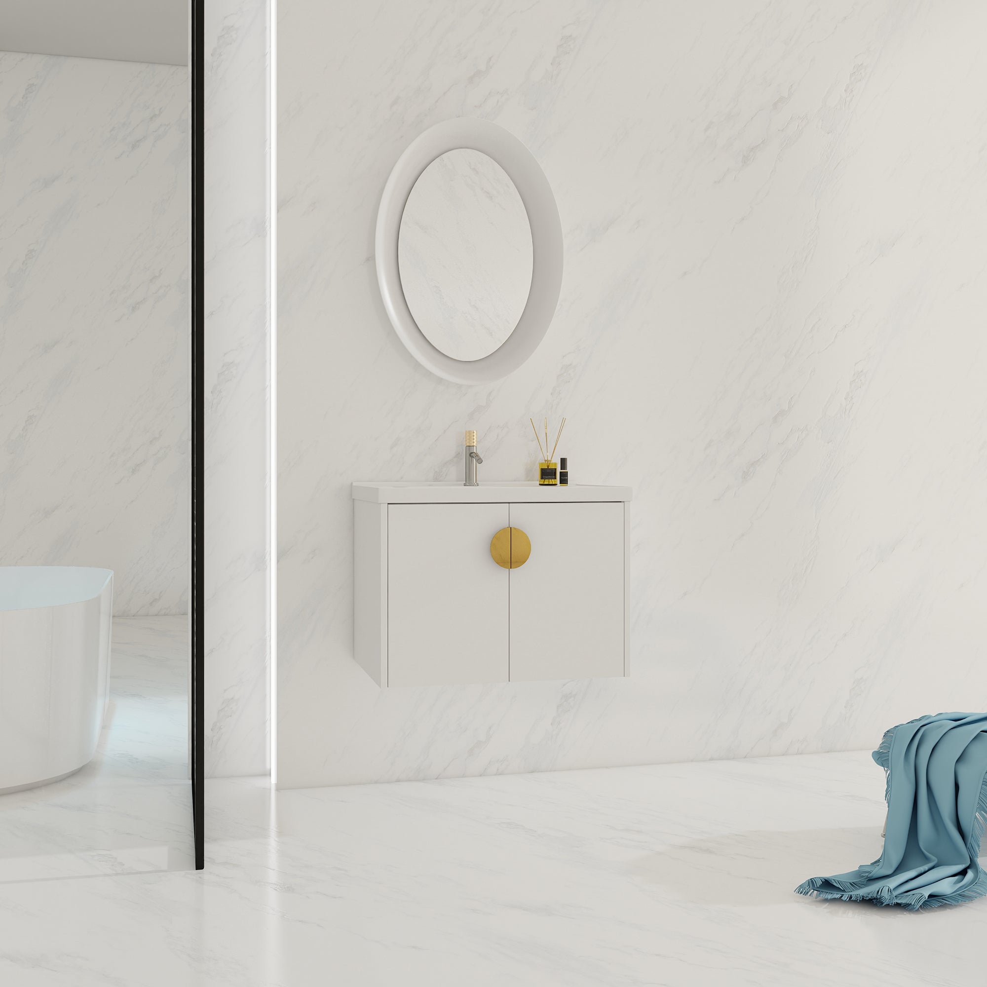 24"/28" inch Wall Mounted Bathroom Vanity Set in White with Integrated Ceramic Sink