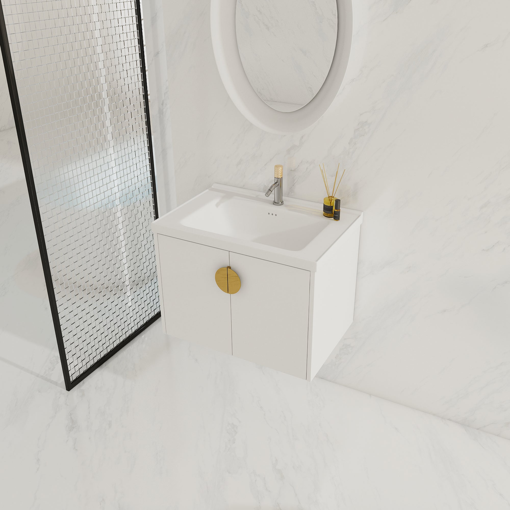 24"/28" inch Wall Mounted Bathroom Vanity Set in White with Integrated Ceramic Sink