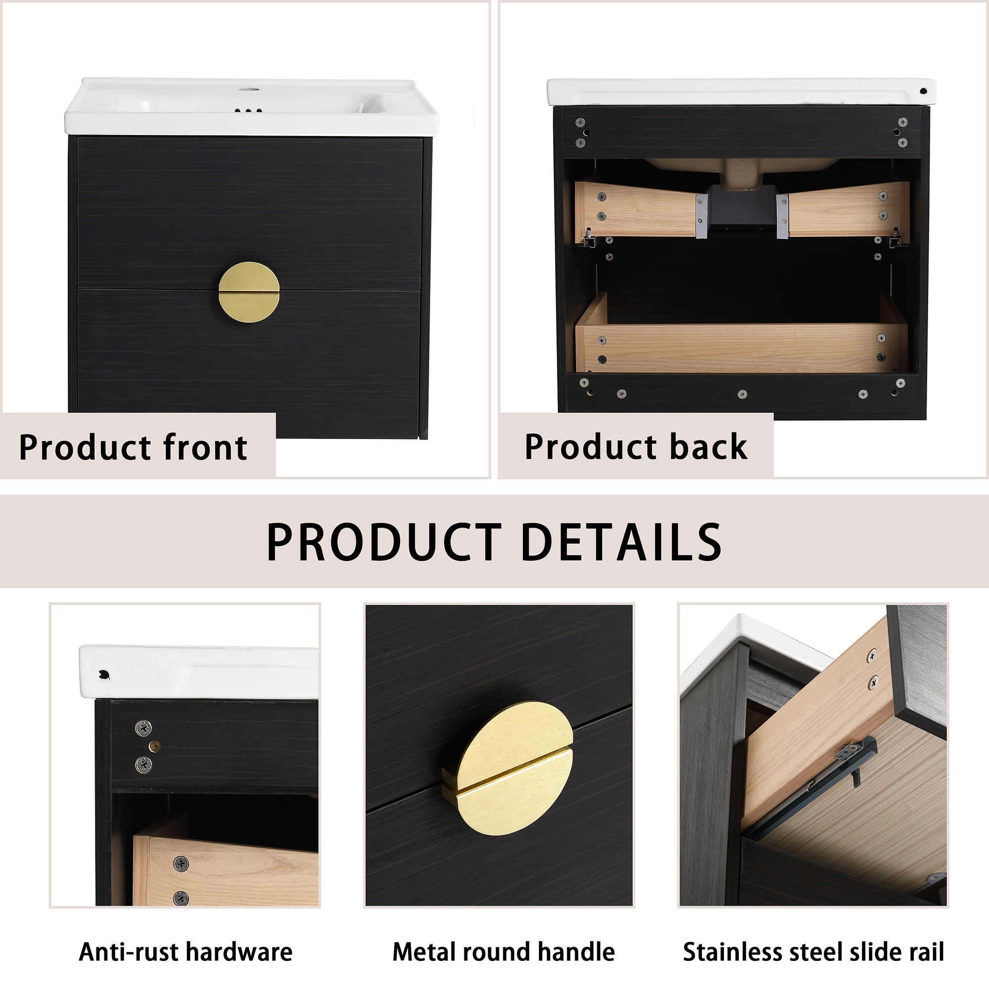 24 inch Wall-Mounted Bathroom Vanity Set in Black with Integrated Ceramic Sink