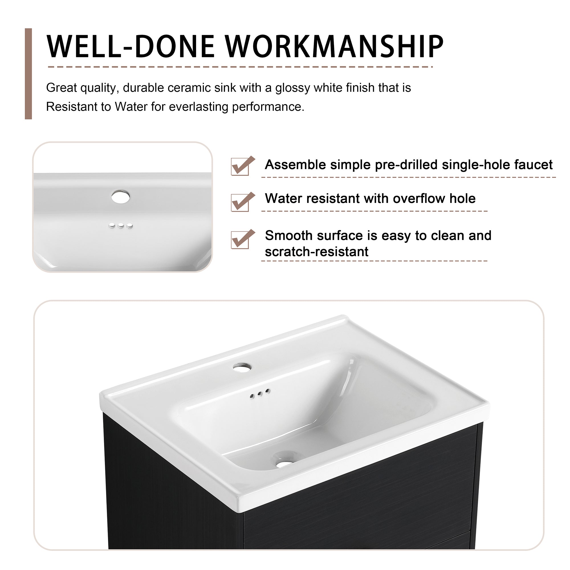 24 inch Wall-Mounted Bathroom Vanity Set in Black with Integrated Ceramic Sink
