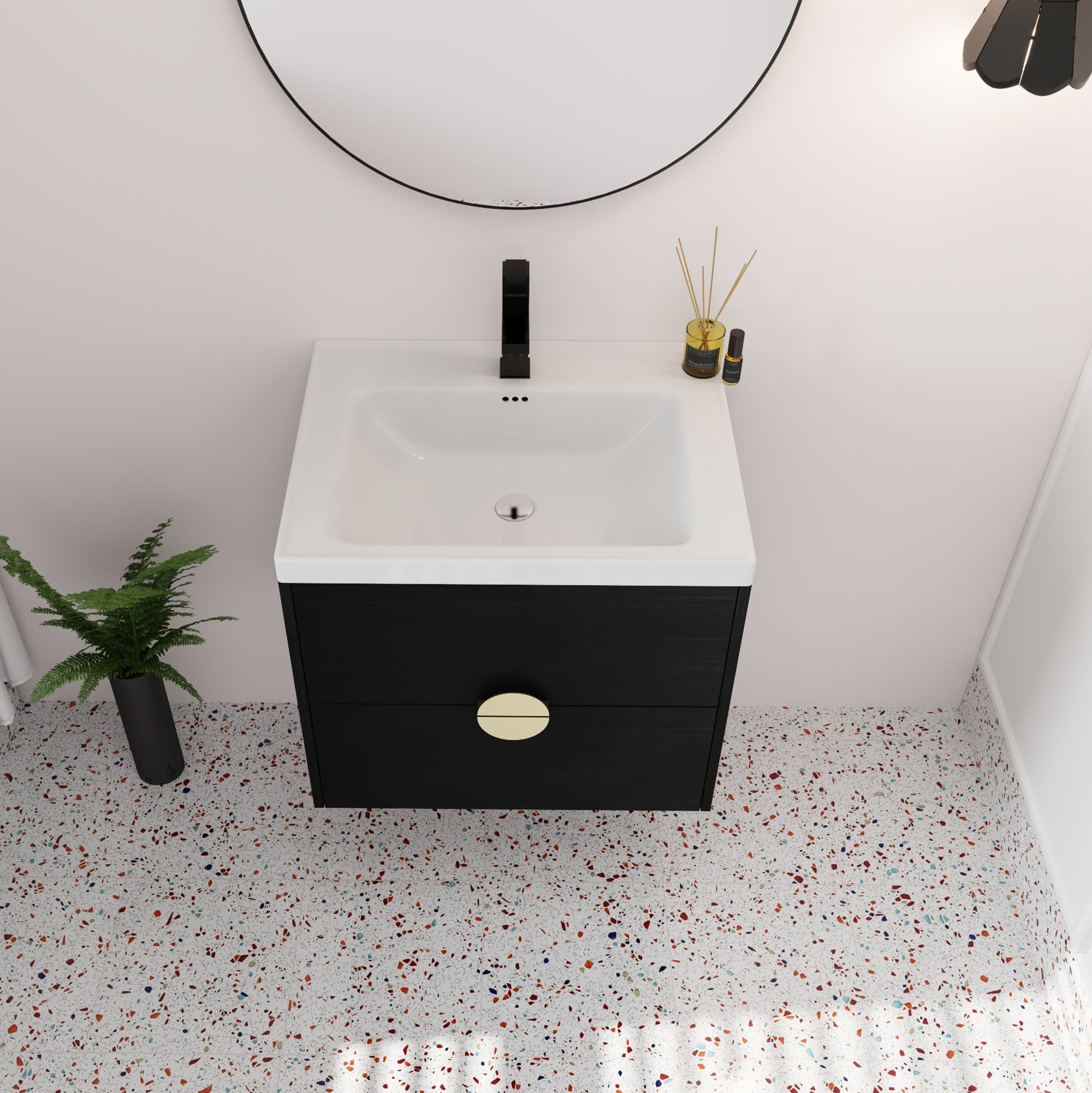 24 inch Wall-Mounted Bathroom Vanity Set in Black with Integrated Ceramic Sink