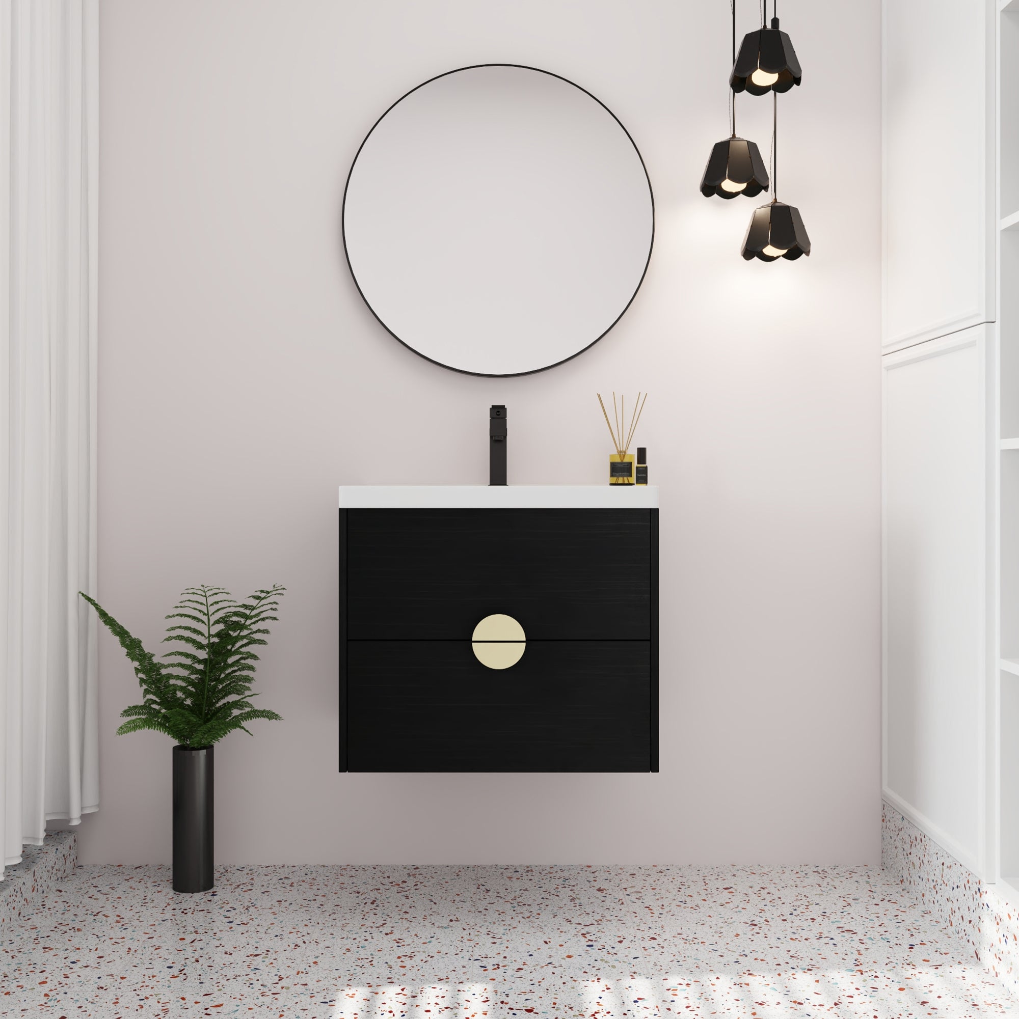 24 inch Wall-Mounted Bathroom Vanity Set in Black with Integrated Ceramic Sink