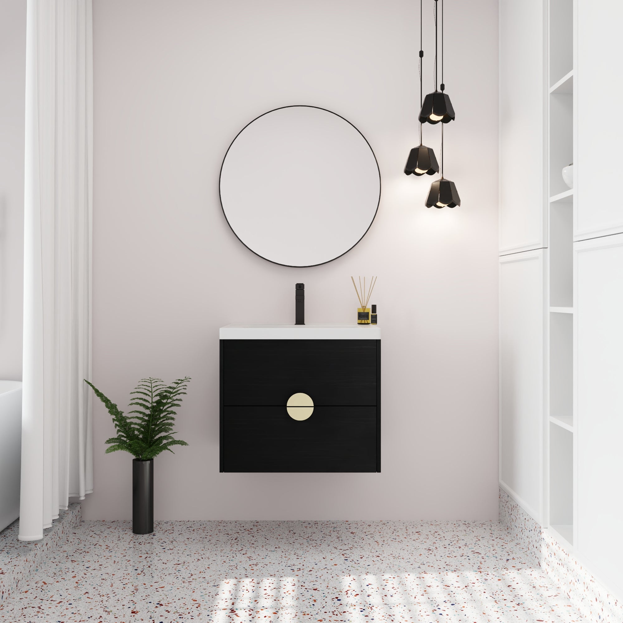 24 inch Wall-Mounted Bathroom Vanity Set in Black with Integrated Ceramic Sink