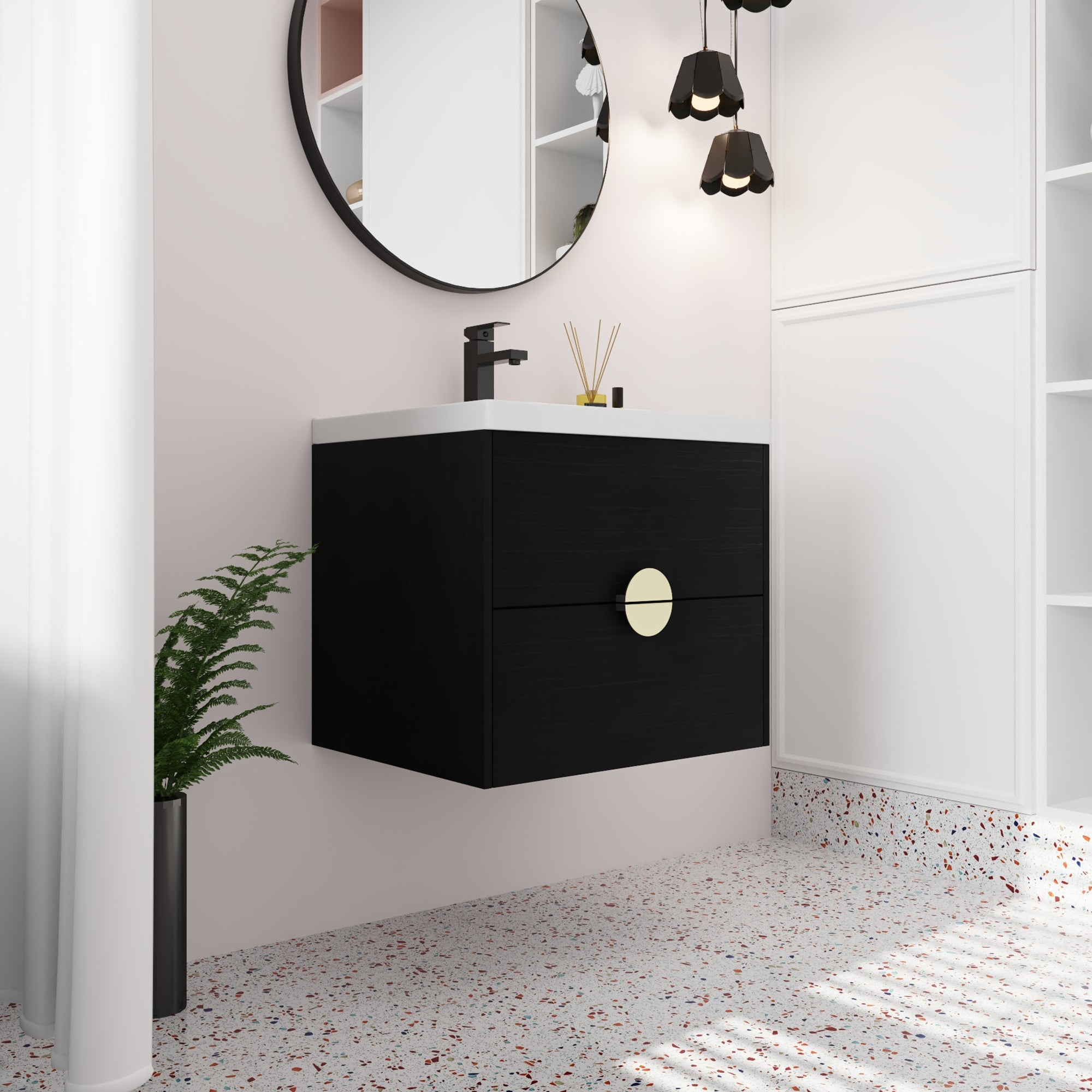 24 inch Wall-Mounted Bathroom Vanity Set in Black with Integrated Ceramic Sink