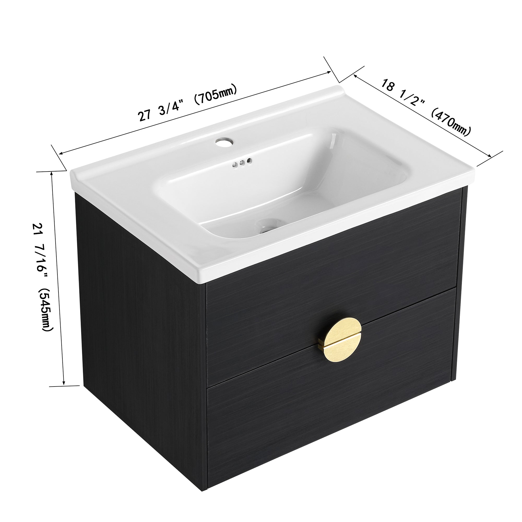 28 inch Wall-Mounted Bathroom Vanity Set in Black with Integrated Ceramic Sink