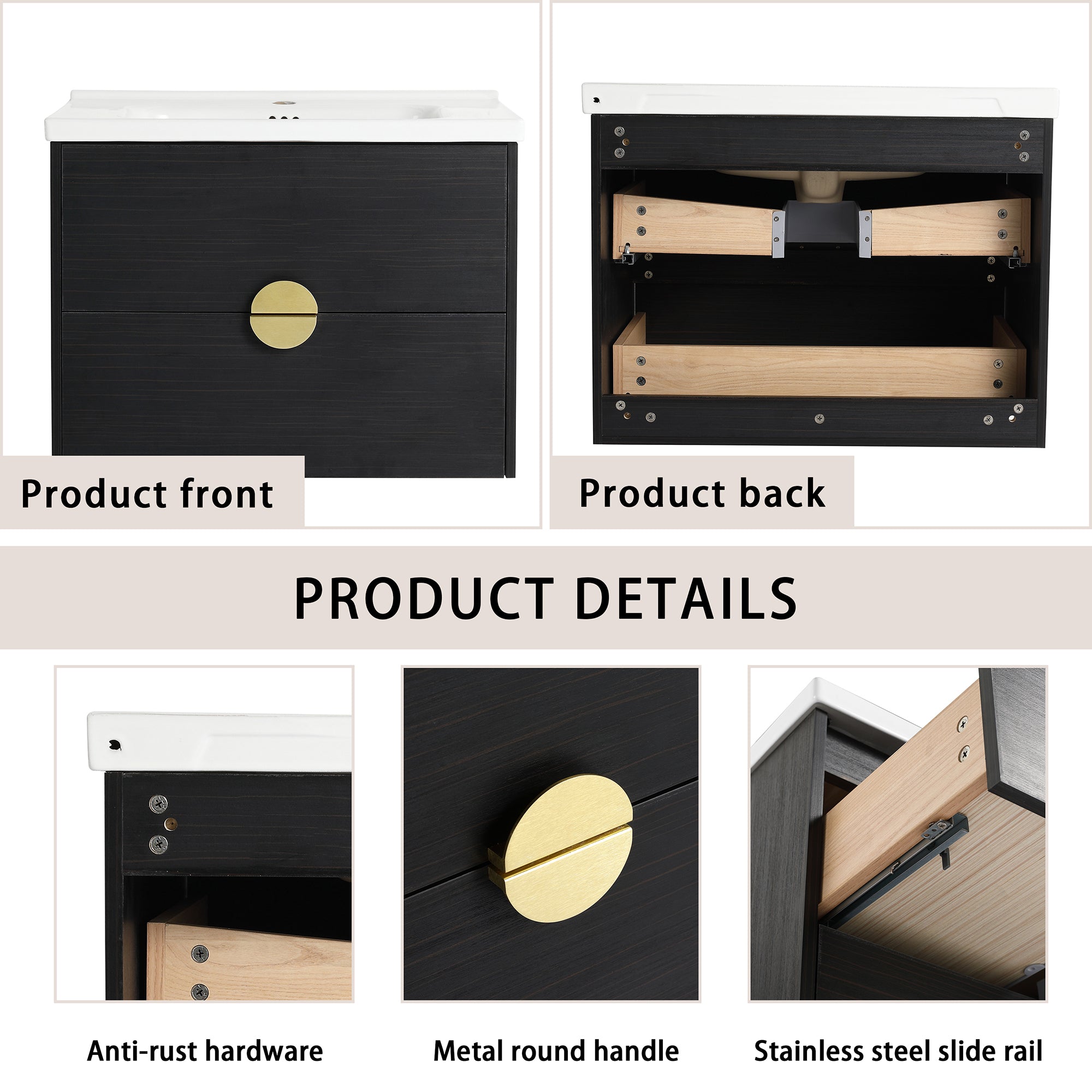 28 inch Wall-Mounted Bathroom Vanity Set in Black with Integrated Ceramic Sink