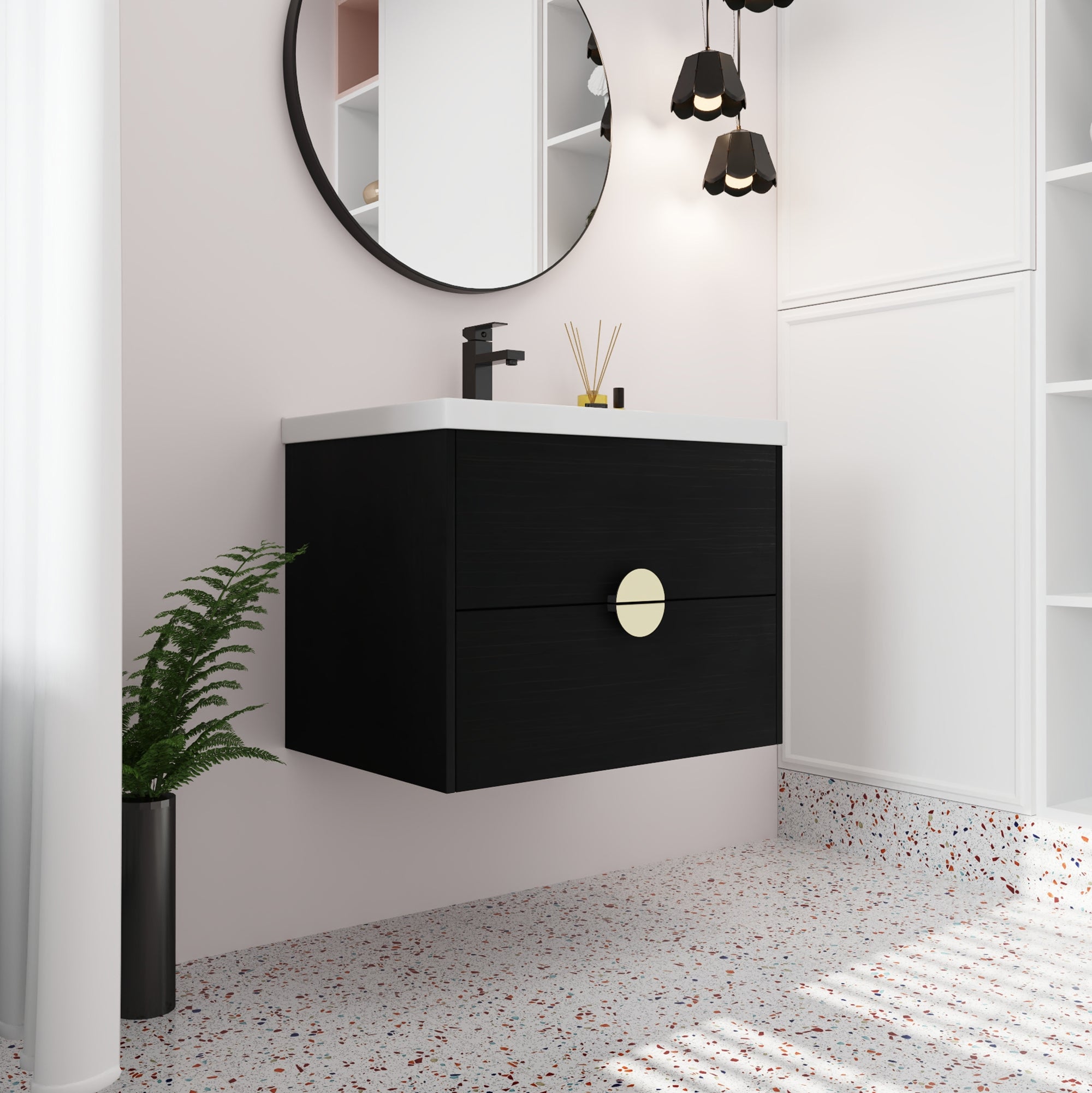 28 inch Wall-Mounted Bathroom Vanity Set in Black with Integrated Ceramic Sink