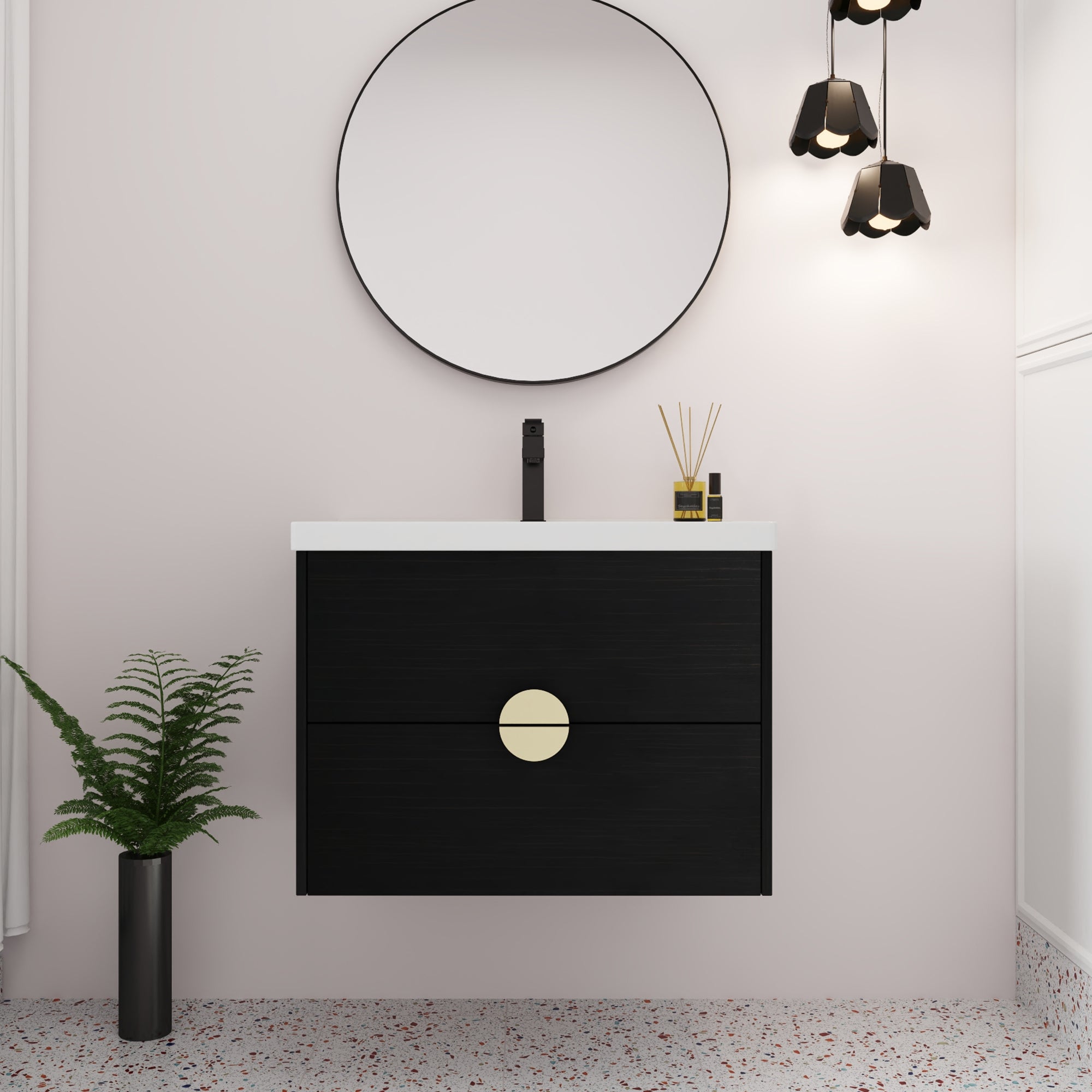 28 inch Wall-Mounted Bathroom Vanity Set in Black with Integrated Ceramic Sink