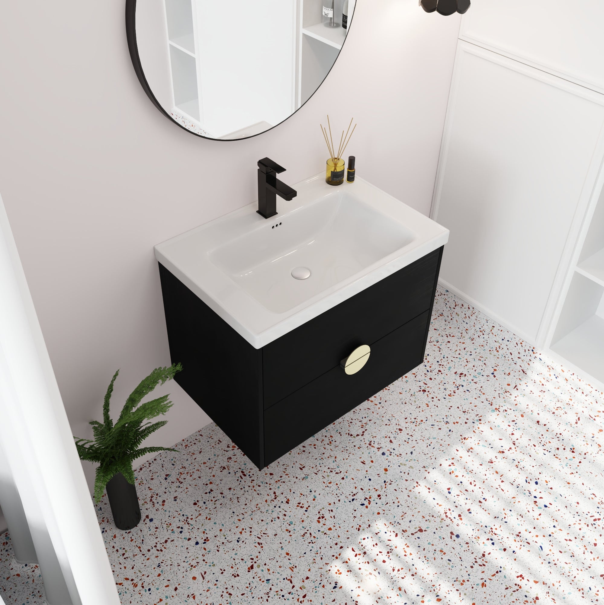 28 inch Wall-Mounted Bathroom Vanity Set in Black with Integrated Ceramic Sink