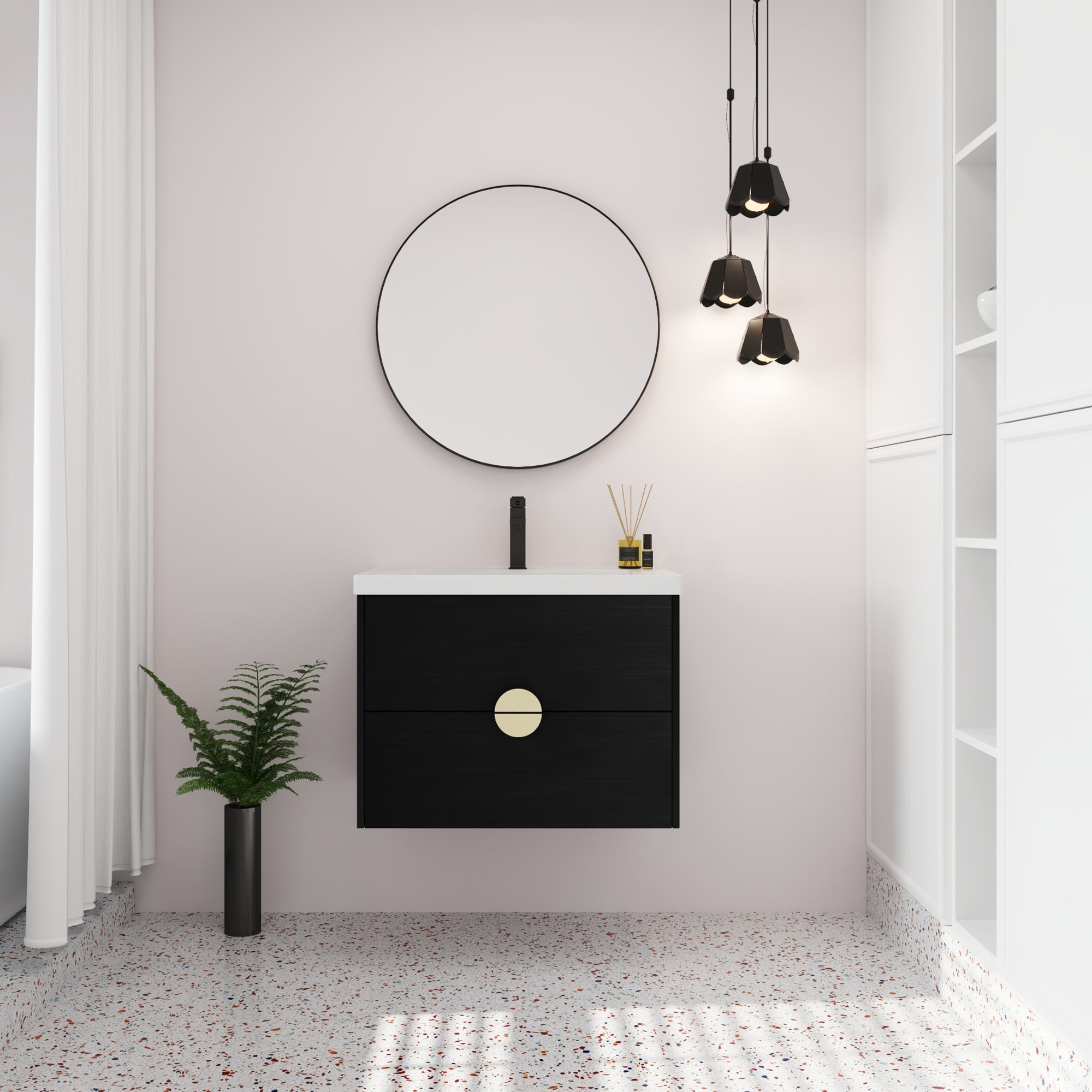 28 inch Wall-Mounted Bathroom Vanity Set in Black with Integrated Ceramic Sink