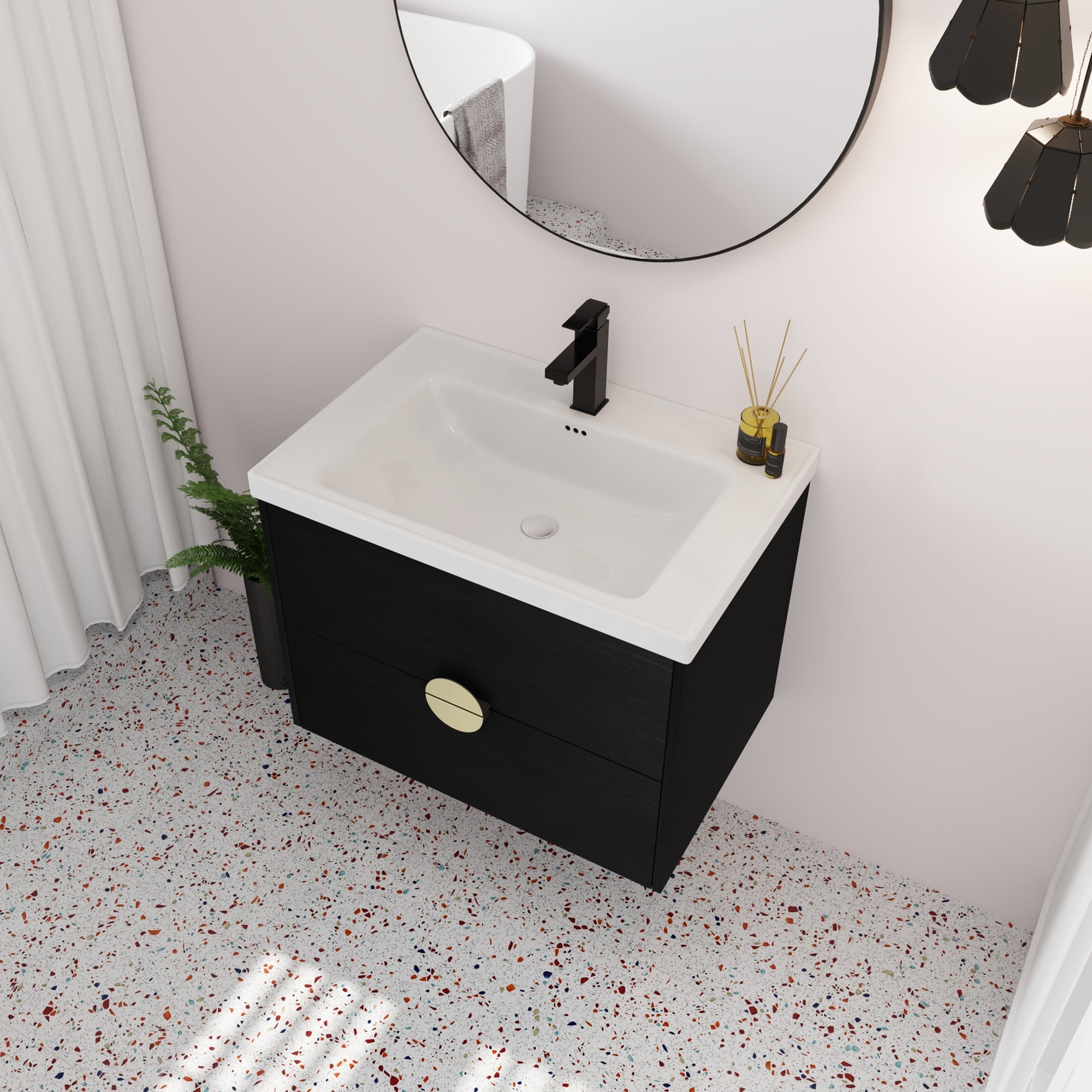 28 inch Wall-Mounted Bathroom Vanity Set in Black with Integrated Ceramic Sink