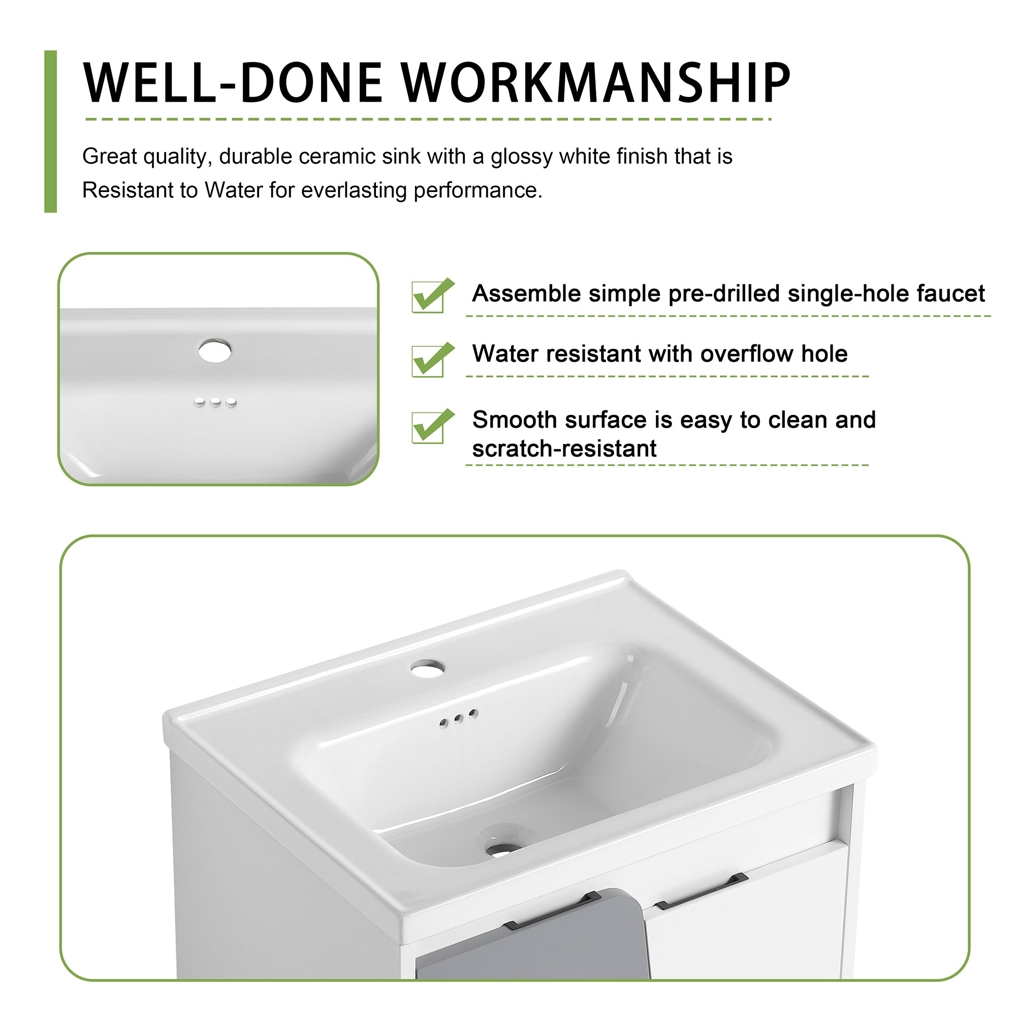 24 inch Wall-Mounted Bathroom Vanity Set in White with Integrated Ceramic Sink