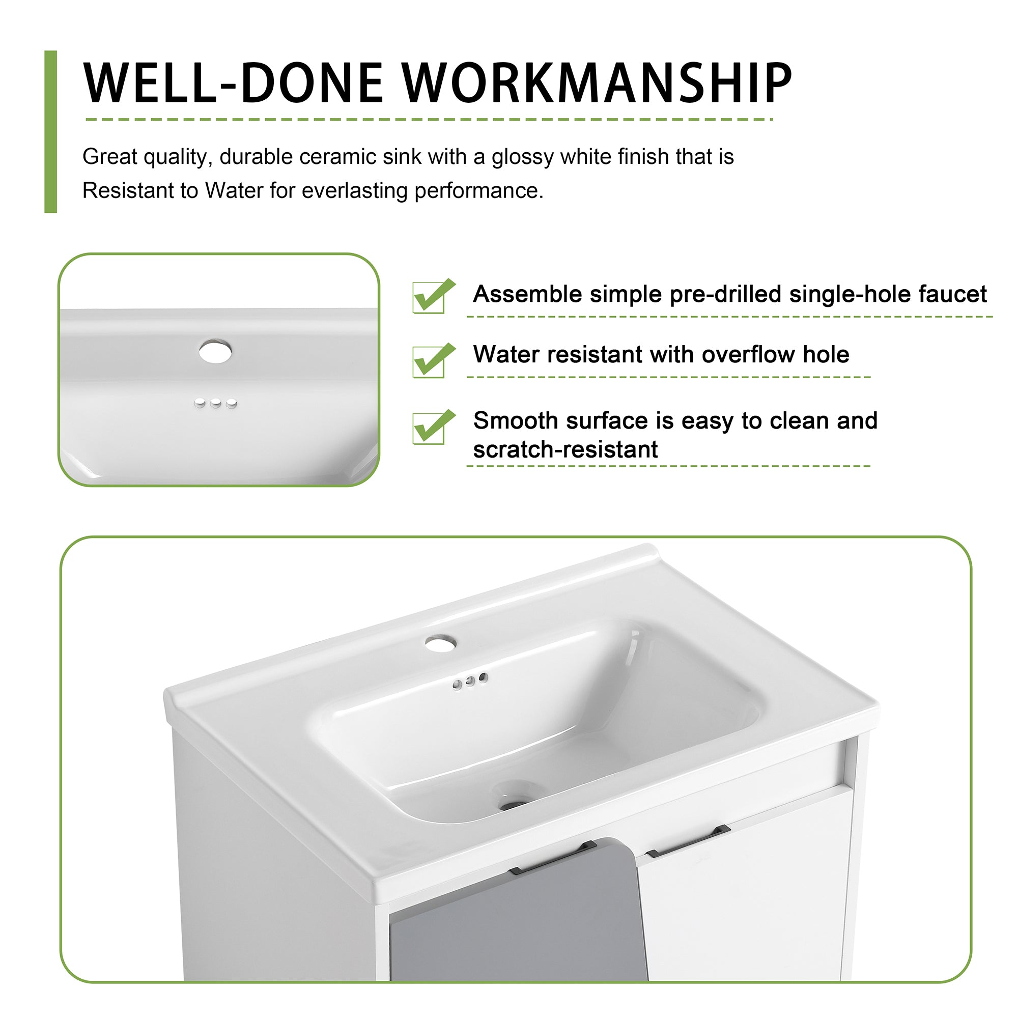 24 inch Wall-Mounted Bathroom Vanity Set in White with Integrated Ceramic Sink