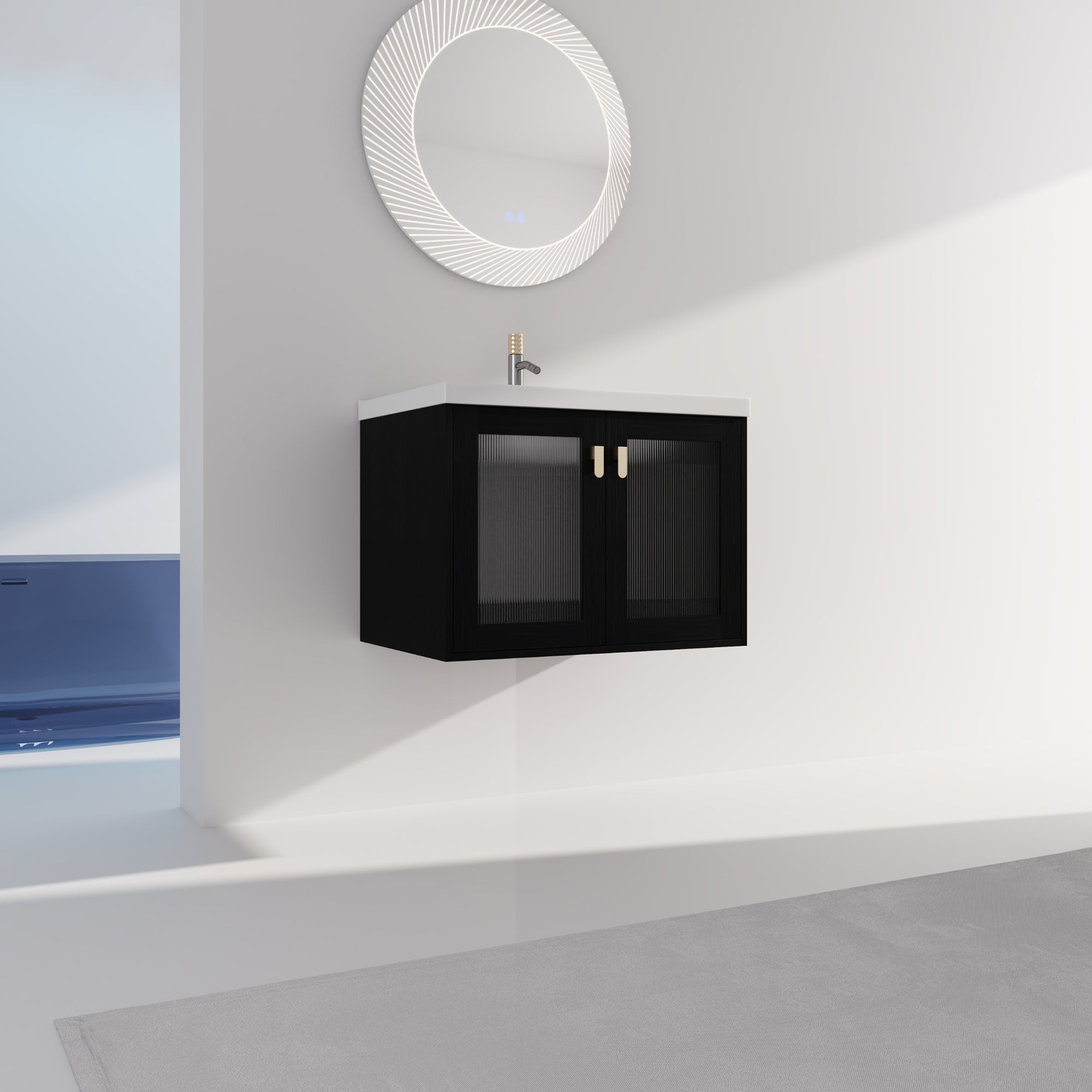 28/32 inch Wall-Mounted Bathroom Vanity Set in Black with Integrated Ceramic Sink