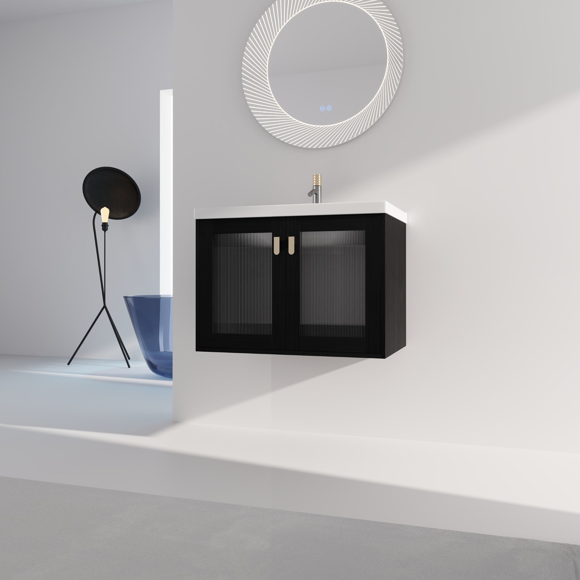 28/32 inch Wall-Mounted Bathroom Vanity Set in Black with Integrated Ceramic Sink