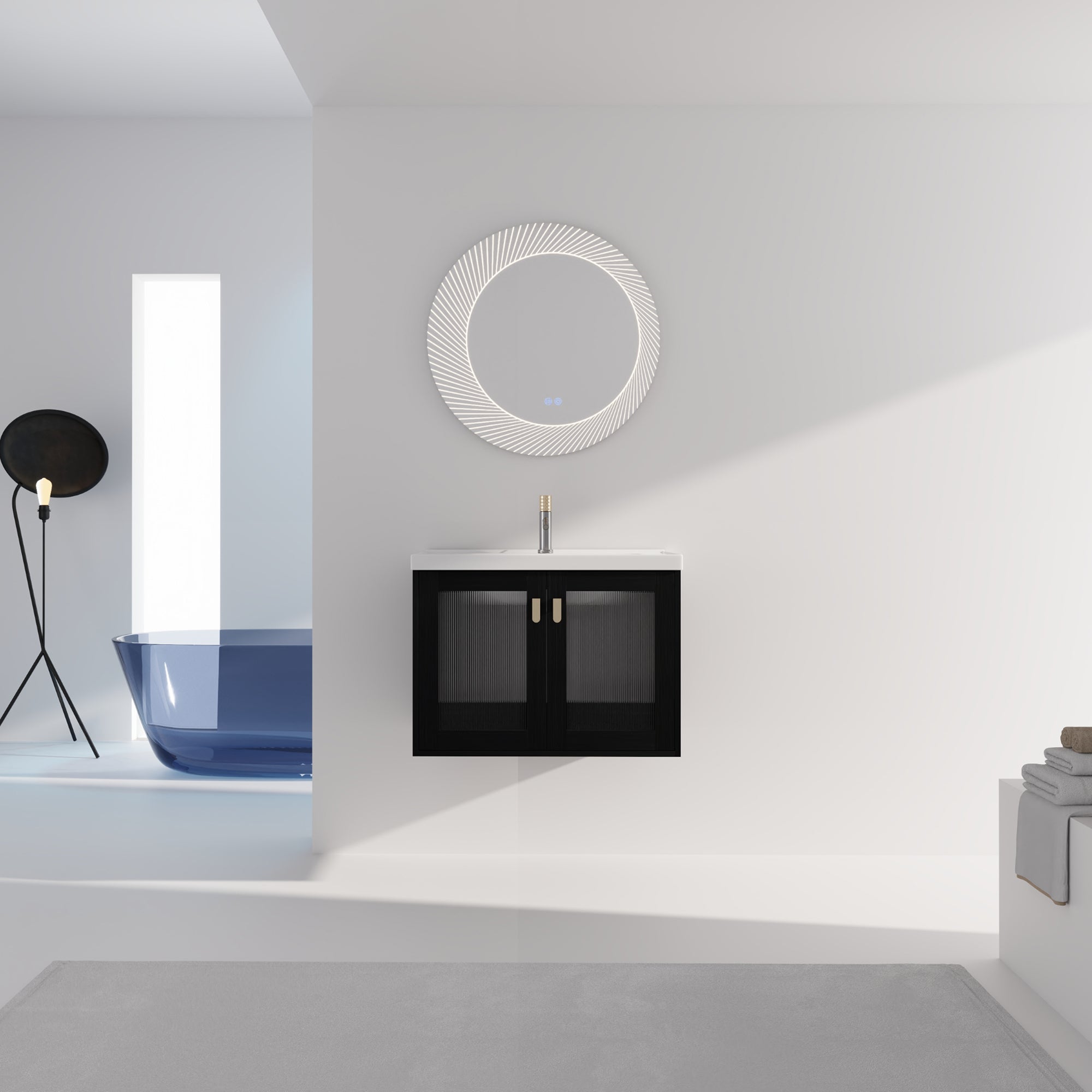 28/32 inch Wall-Mounted Bathroom Vanity Set in Black with Integrated Ceramic Sink