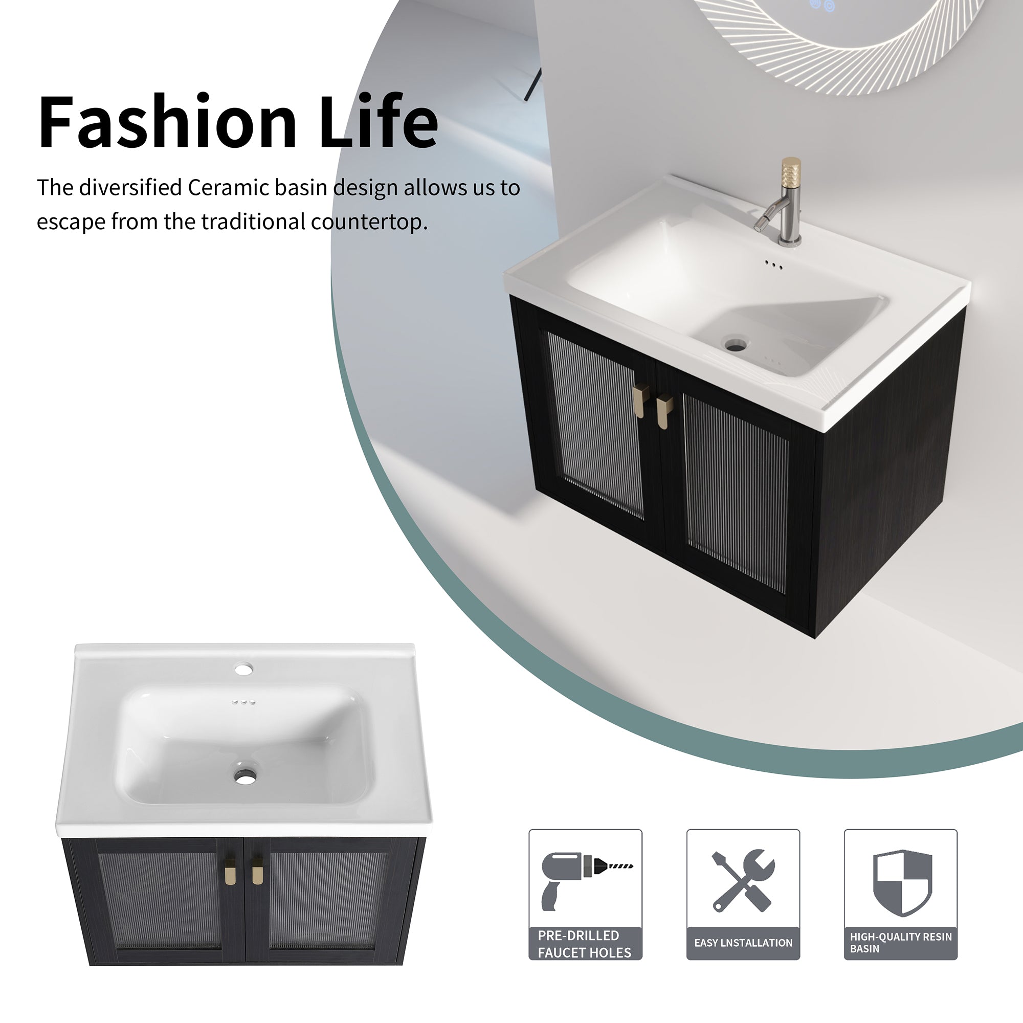 28/32 inch Wall-Mounted Bathroom Vanity Set in Black with Integrated Ceramic Sink