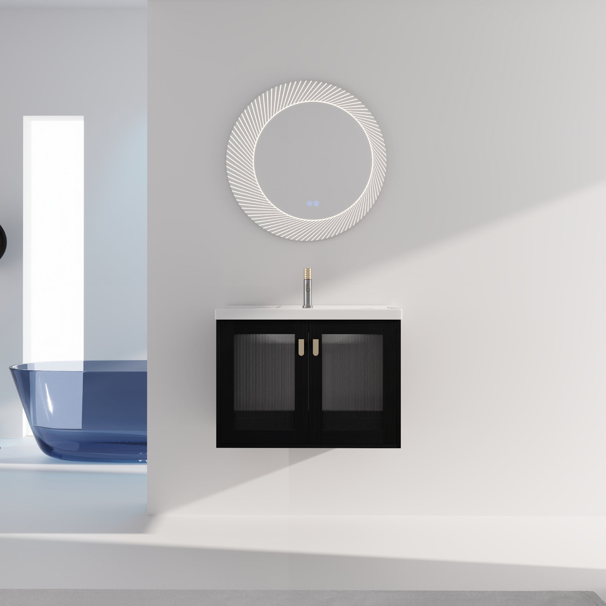 28/32 inch Wall-Mounted Bathroom Vanity Set in Black with Integrated Ceramic Sink