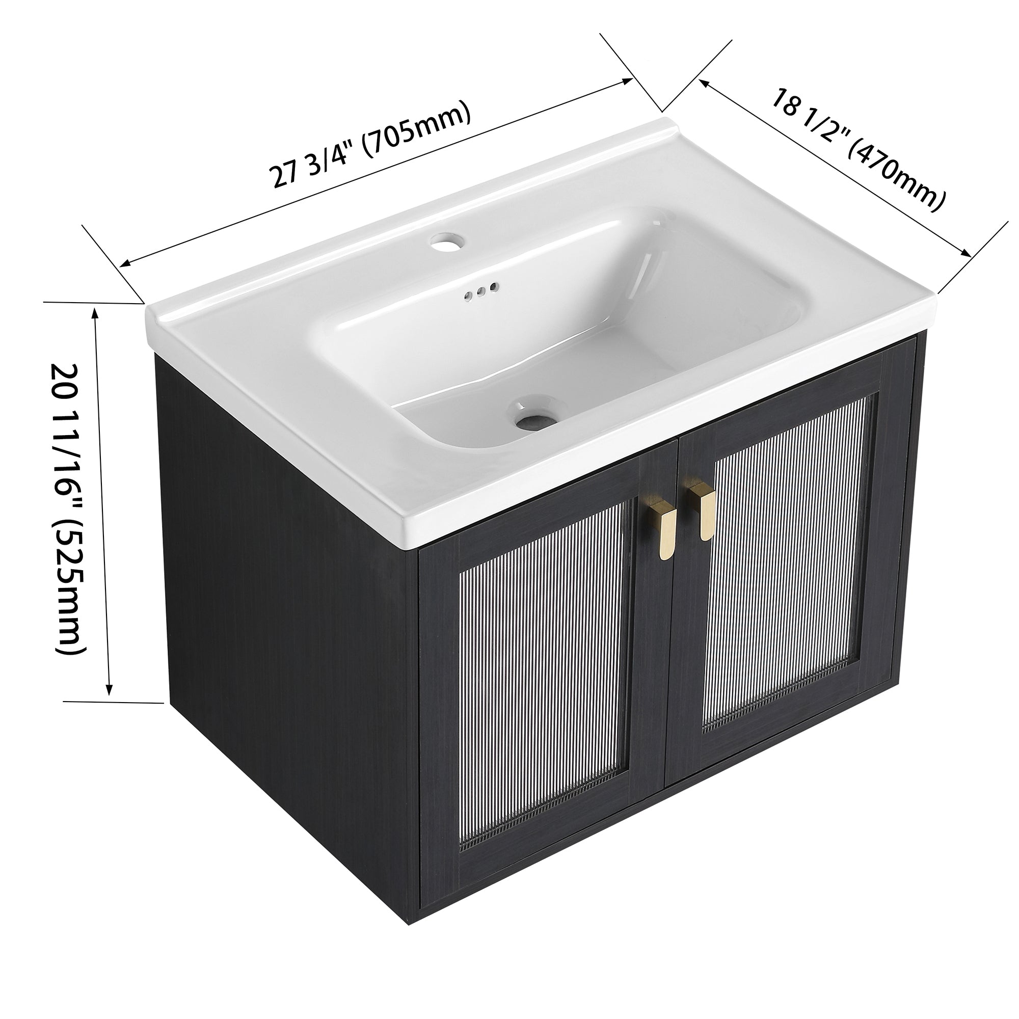 28/32 inch Wall-Mounted Bathroom Vanity Set in Black with Integrated Ceramic Sink