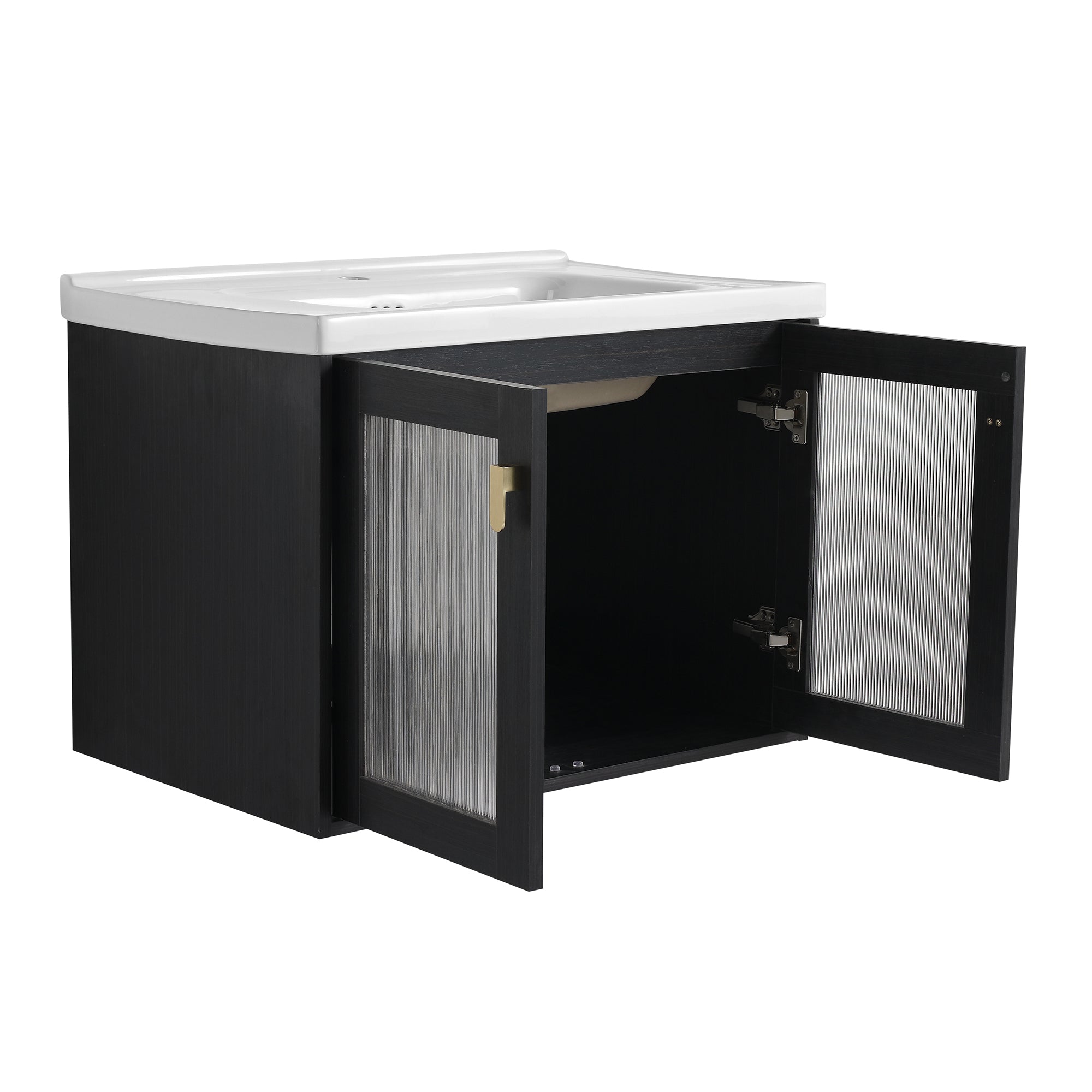 28/32 inch Wall-Mounted Bathroom Vanity Set in Black with Integrated Ceramic Sink