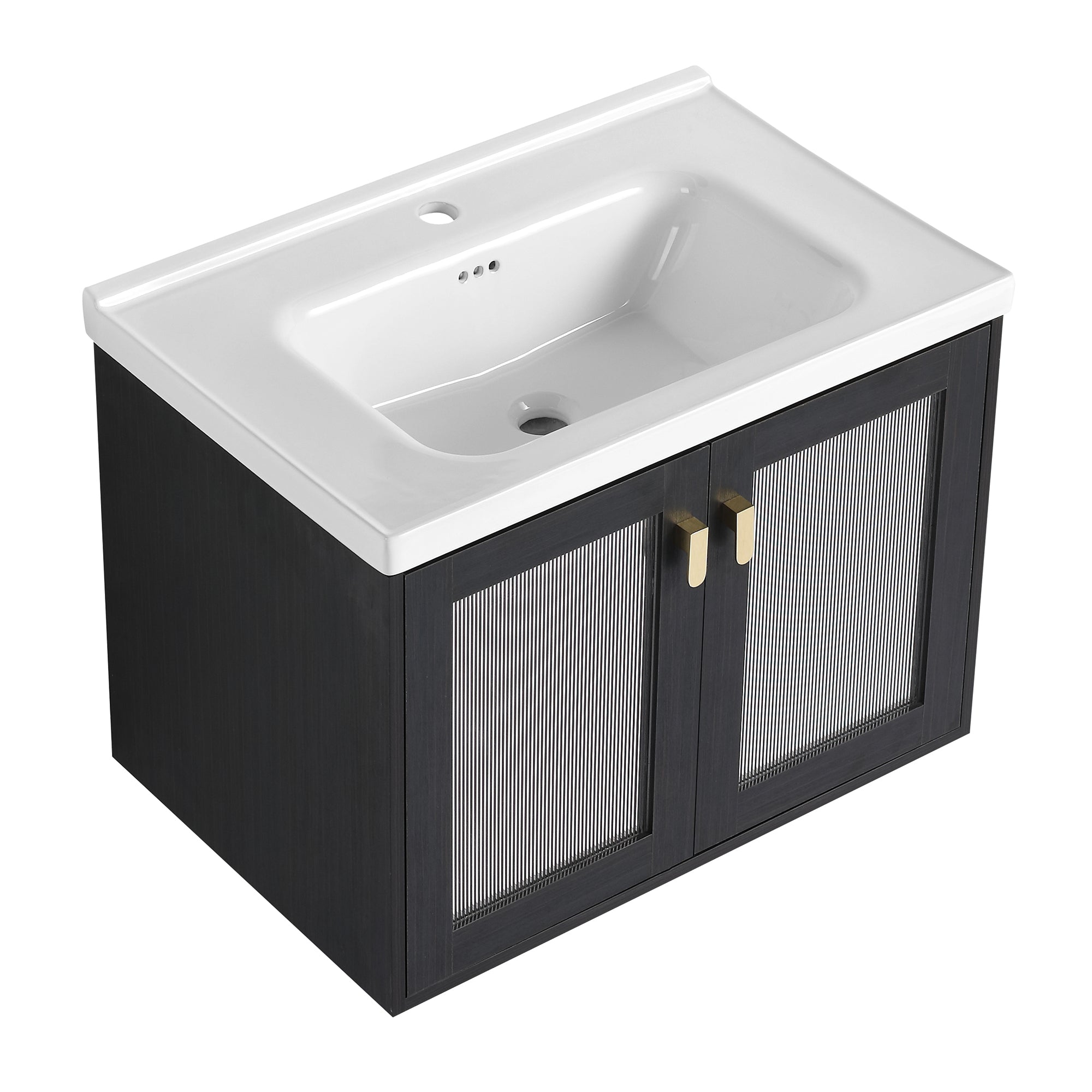 28/32 inch Wall-Mounted Bathroom Vanity Set in Black with Integrated Ceramic Sink