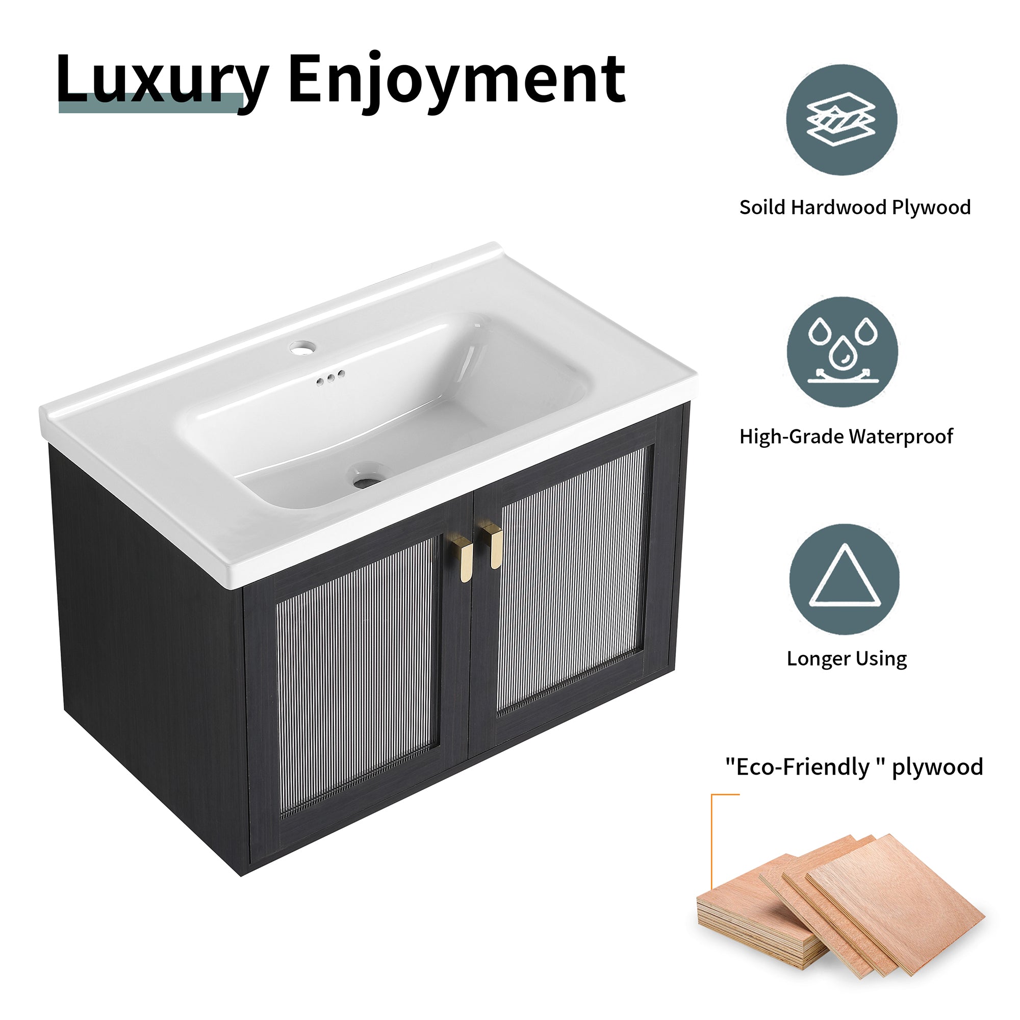 28/32 inch Wall-Mounted Bathroom Vanity Set in Black with Integrated Ceramic Sink