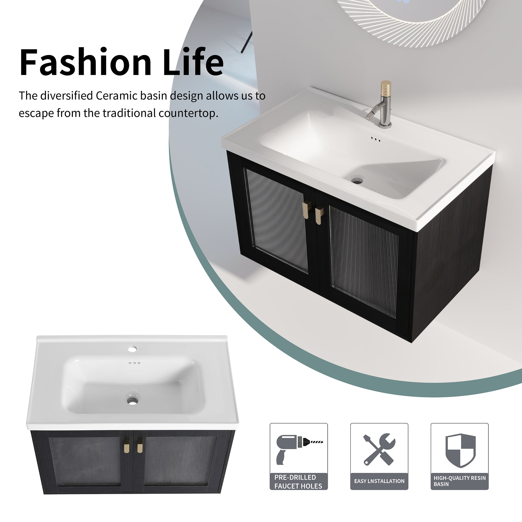 28/32 inch Wall-Mounted Bathroom Vanity Set in Black with Integrated Ceramic Sink