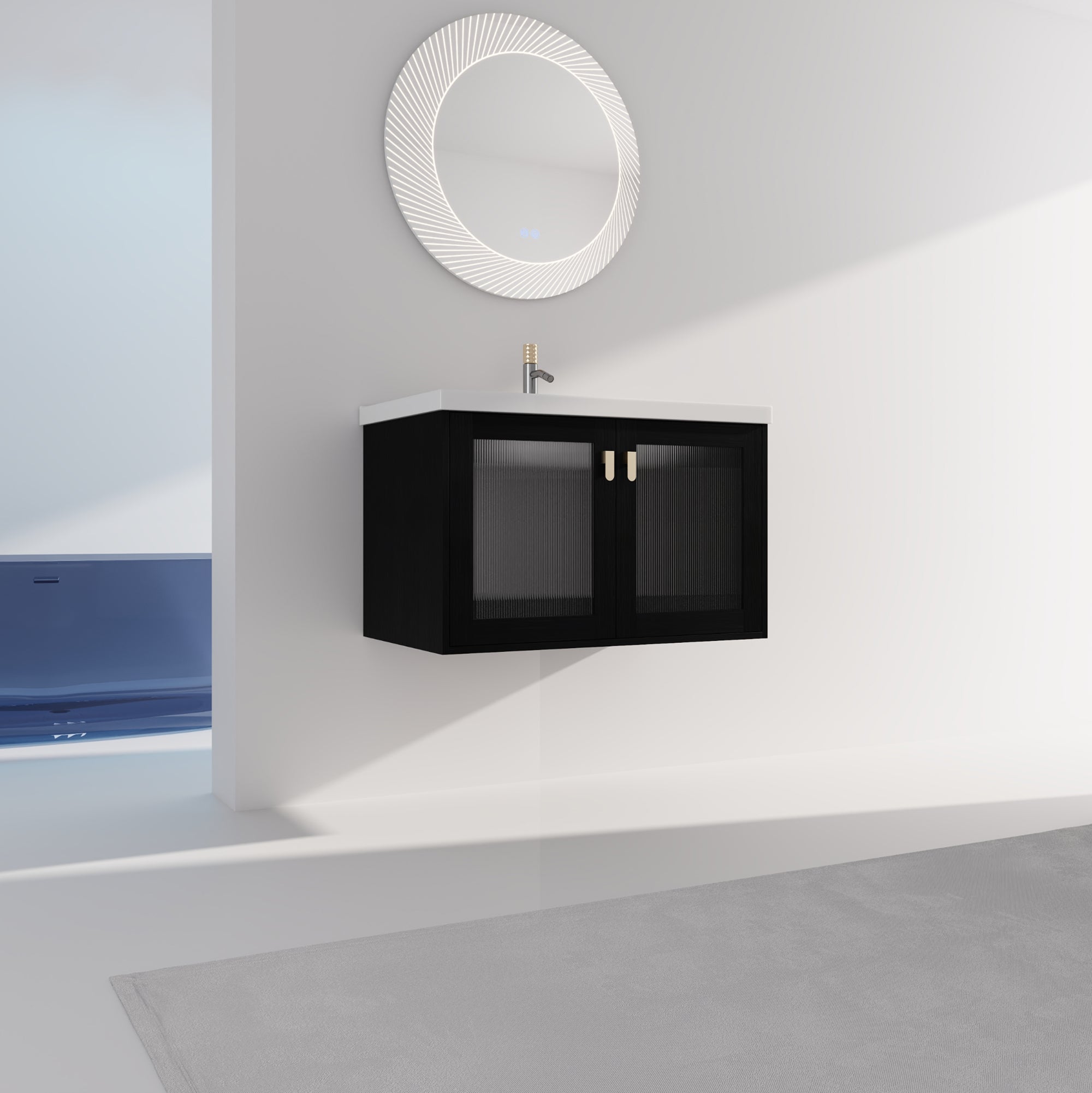 28/32 inch Wall-Mounted Bathroom Vanity Set in Black with Integrated Ceramic Sink