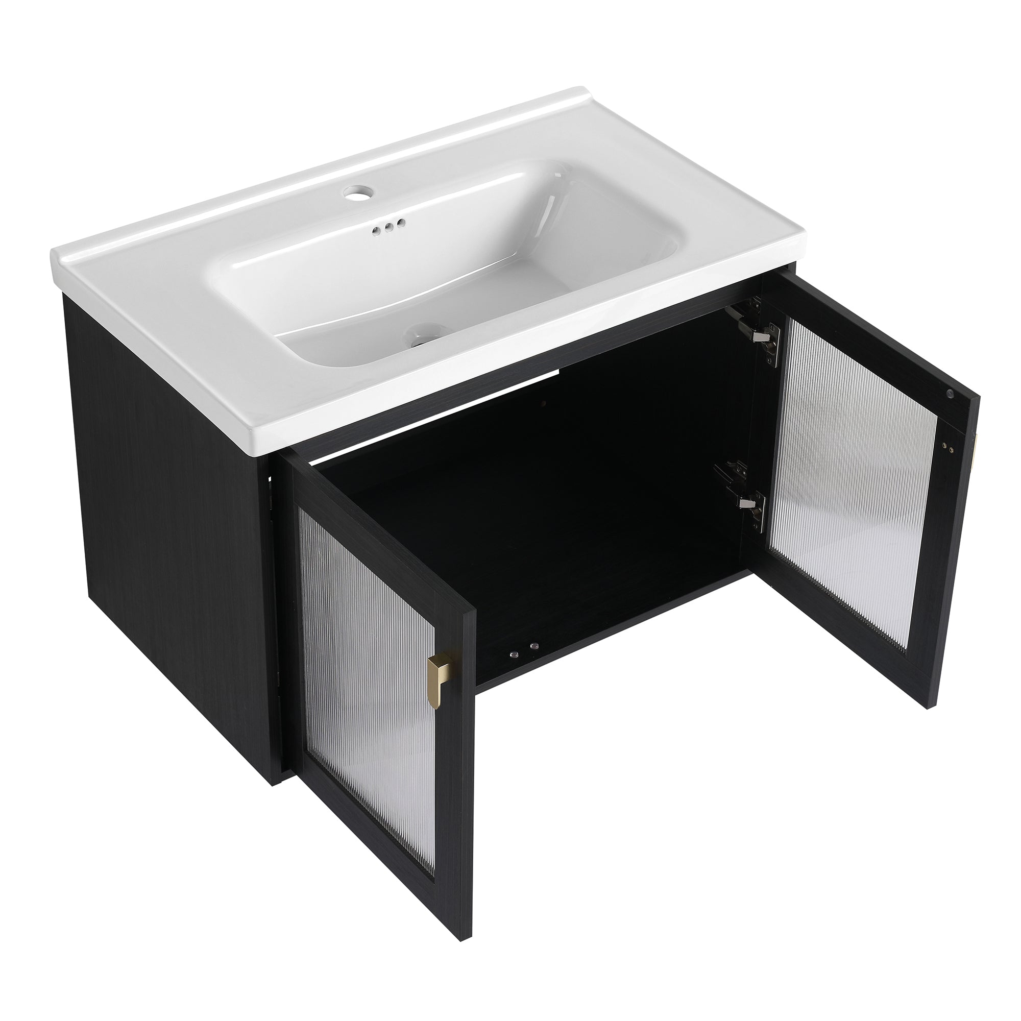 28/32 inch Wall-Mounted Bathroom Vanity Set in Black with Integrated Ceramic Sink