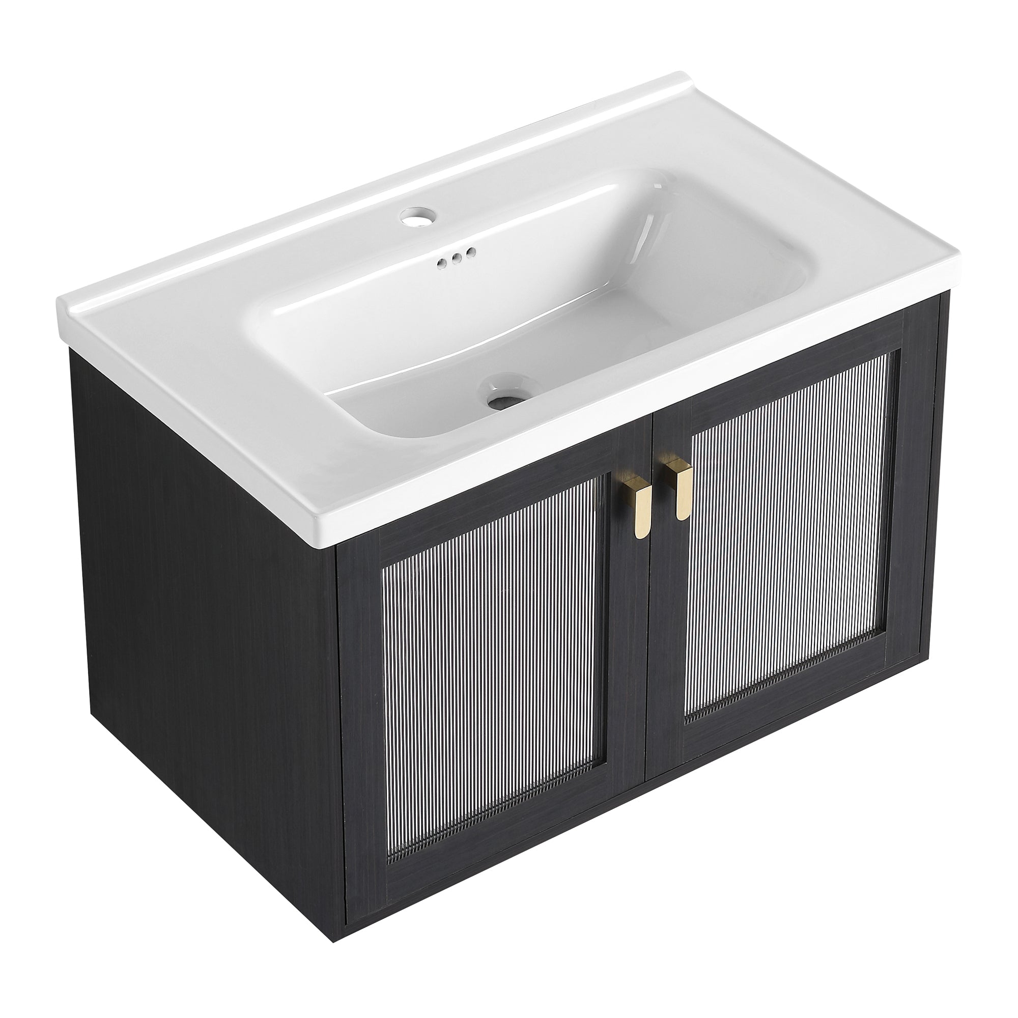 28/32 inch Wall-Mounted Bathroom Vanity Set in Black with Integrated Ceramic Sink