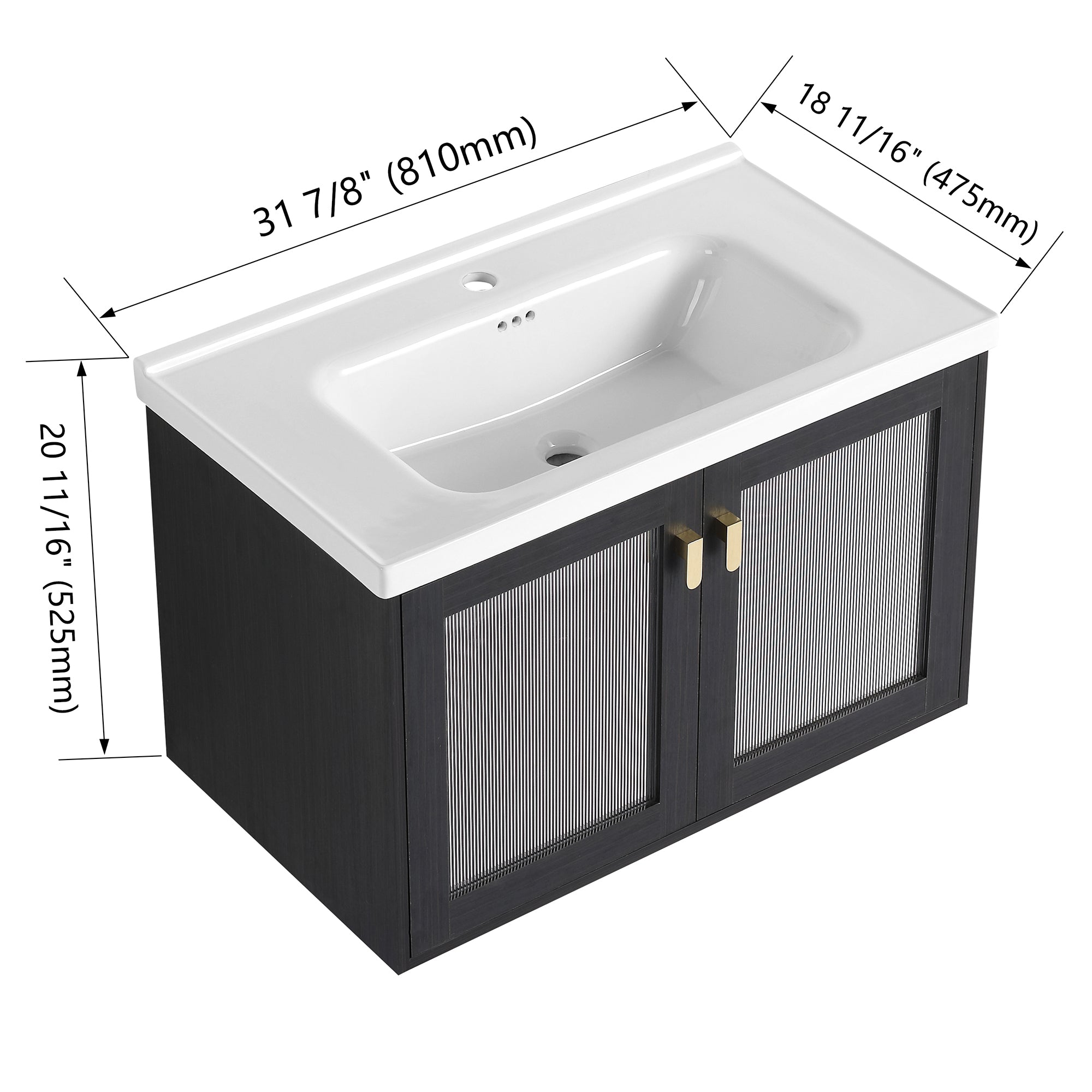 28/32 inch Wall-Mounted Bathroom Vanity Set in Black with Integrated Ceramic Sink