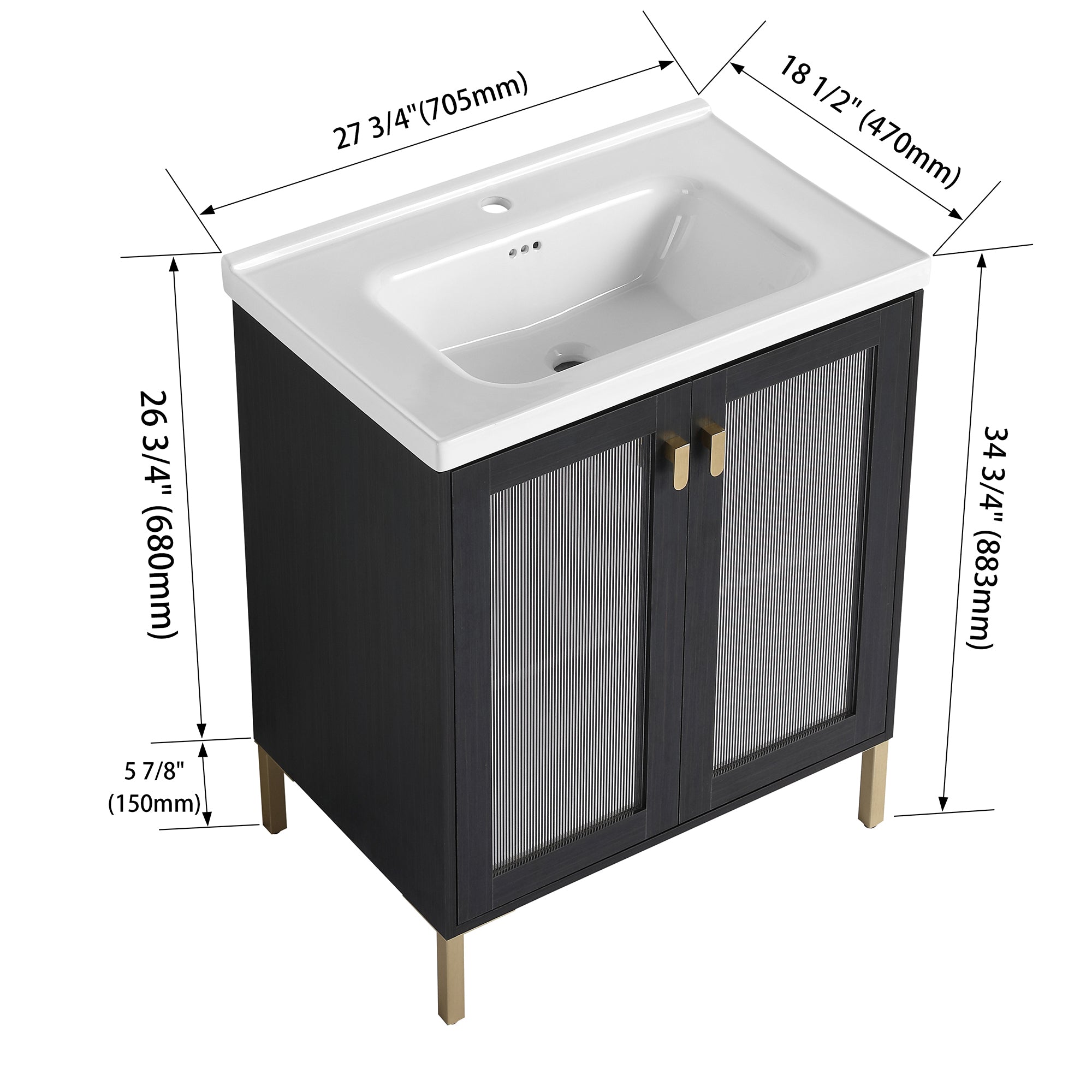 24/32 inch Freestanding Bathroom Vanity Set in Black with Integrated Ceramic Sink