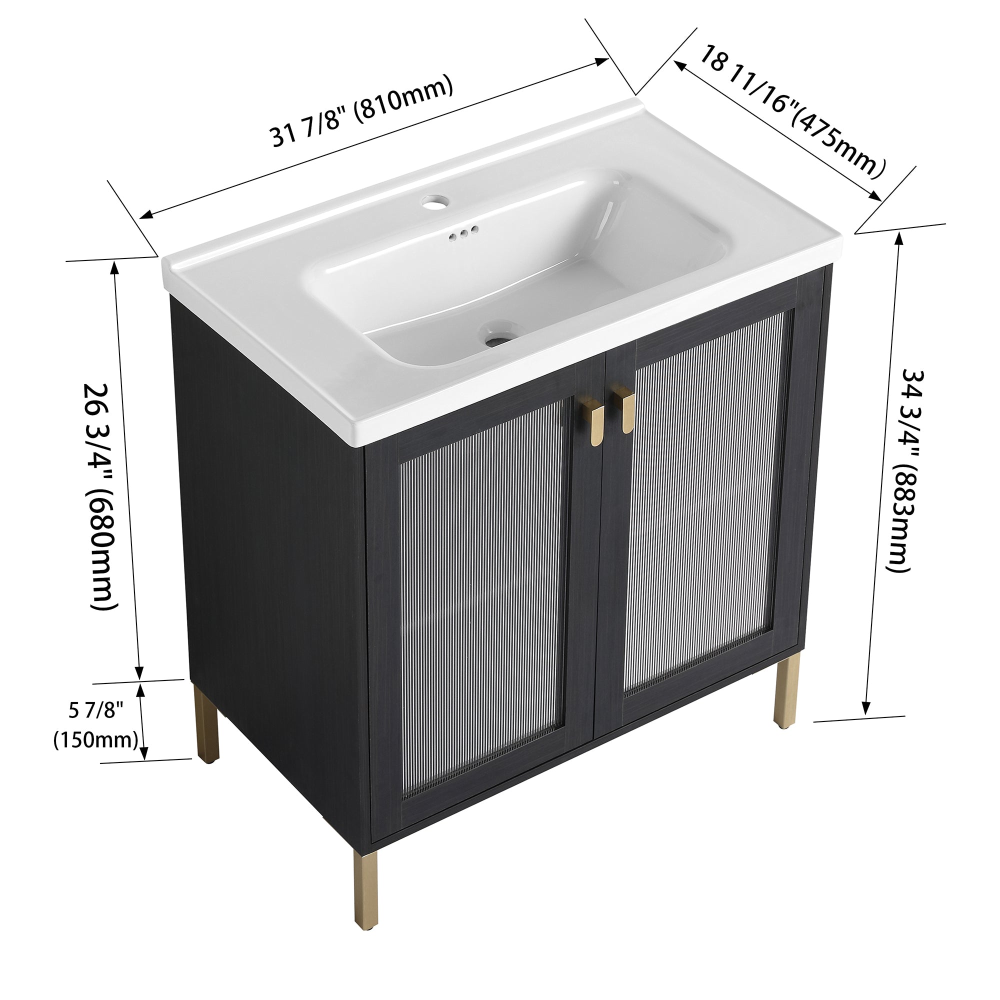 24/32 inch Freestanding Bathroom Vanity Set in Black with Integrated Ceramic Sink