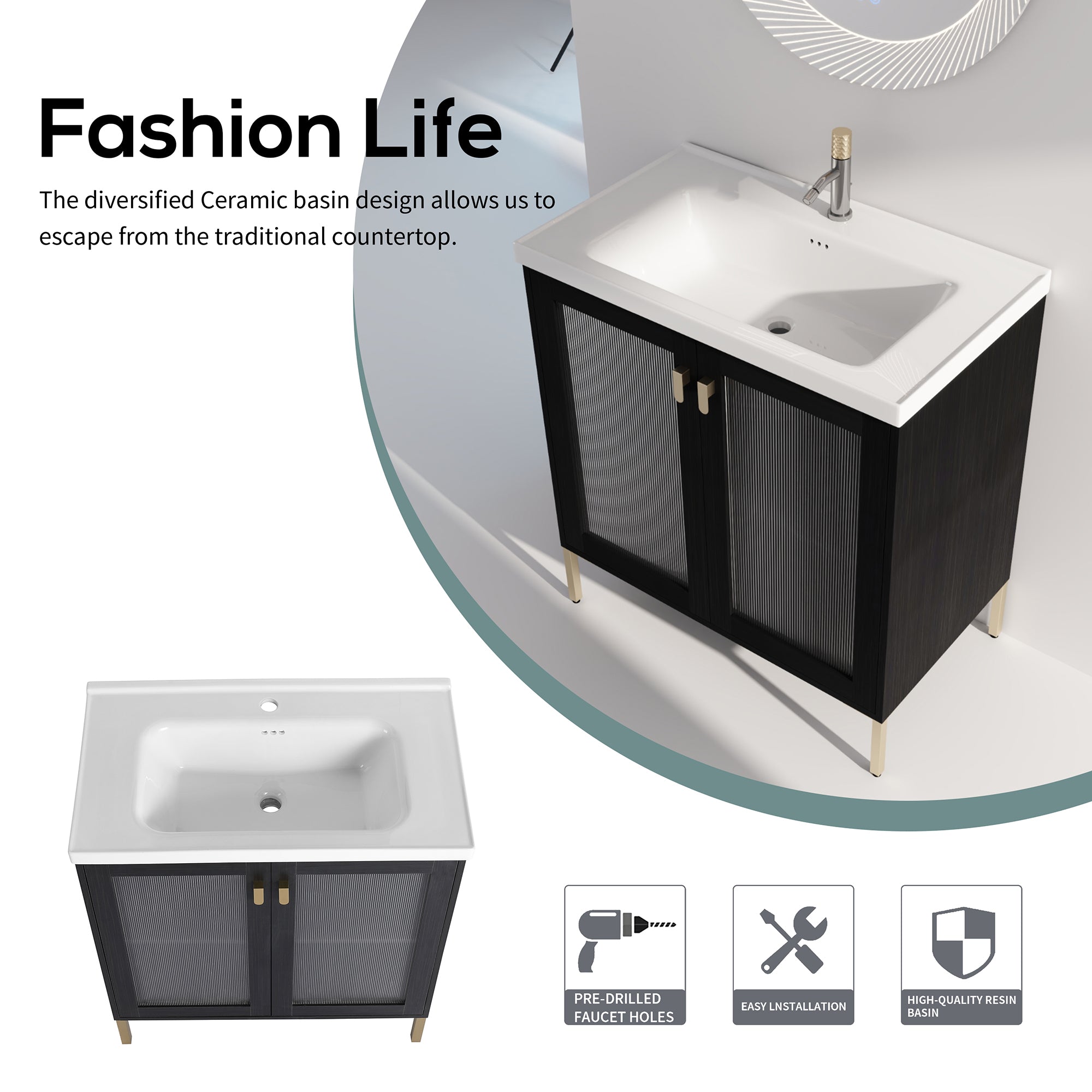 24/32 inch Freestanding Bathroom Vanity Set in Black with Integrated Ceramic Sink