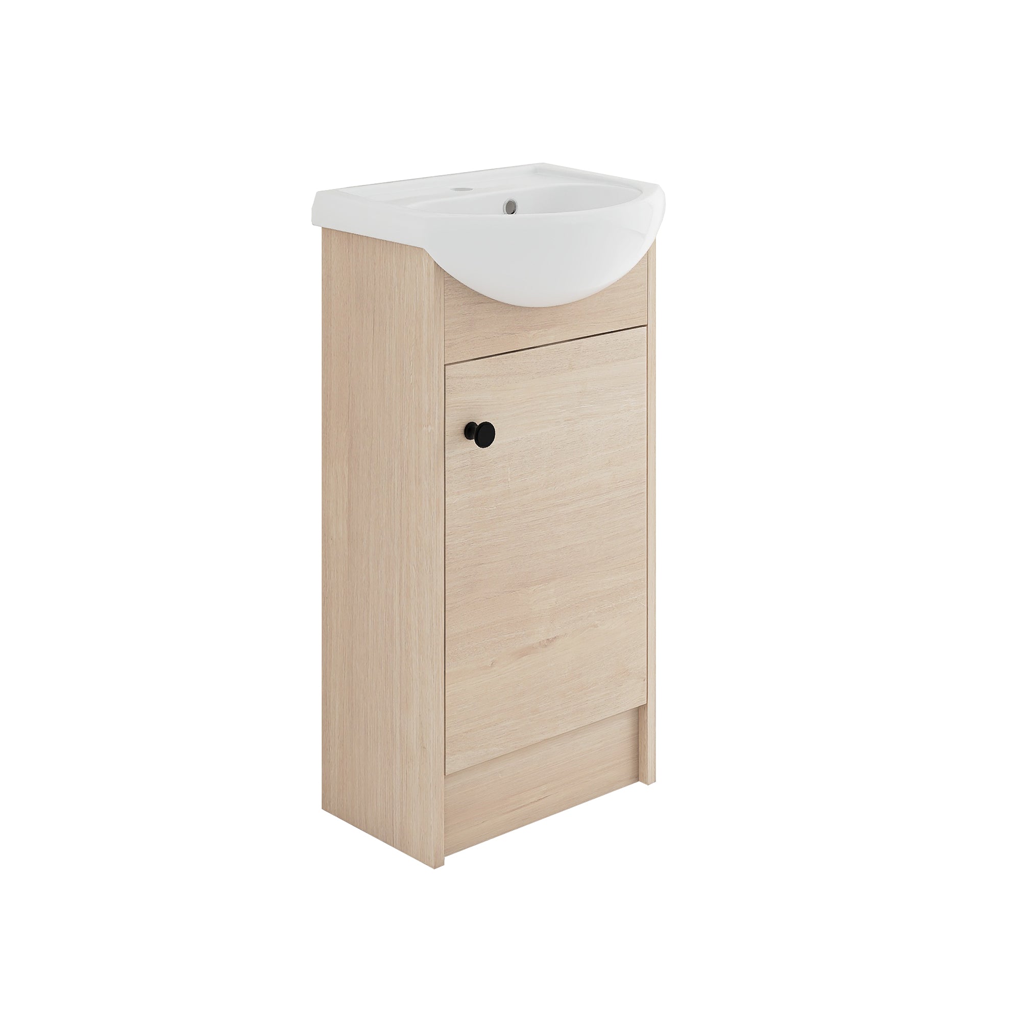 18 Inch Freestanding Bathroom Vanity in Plain Light Oak With Ceramic Sink