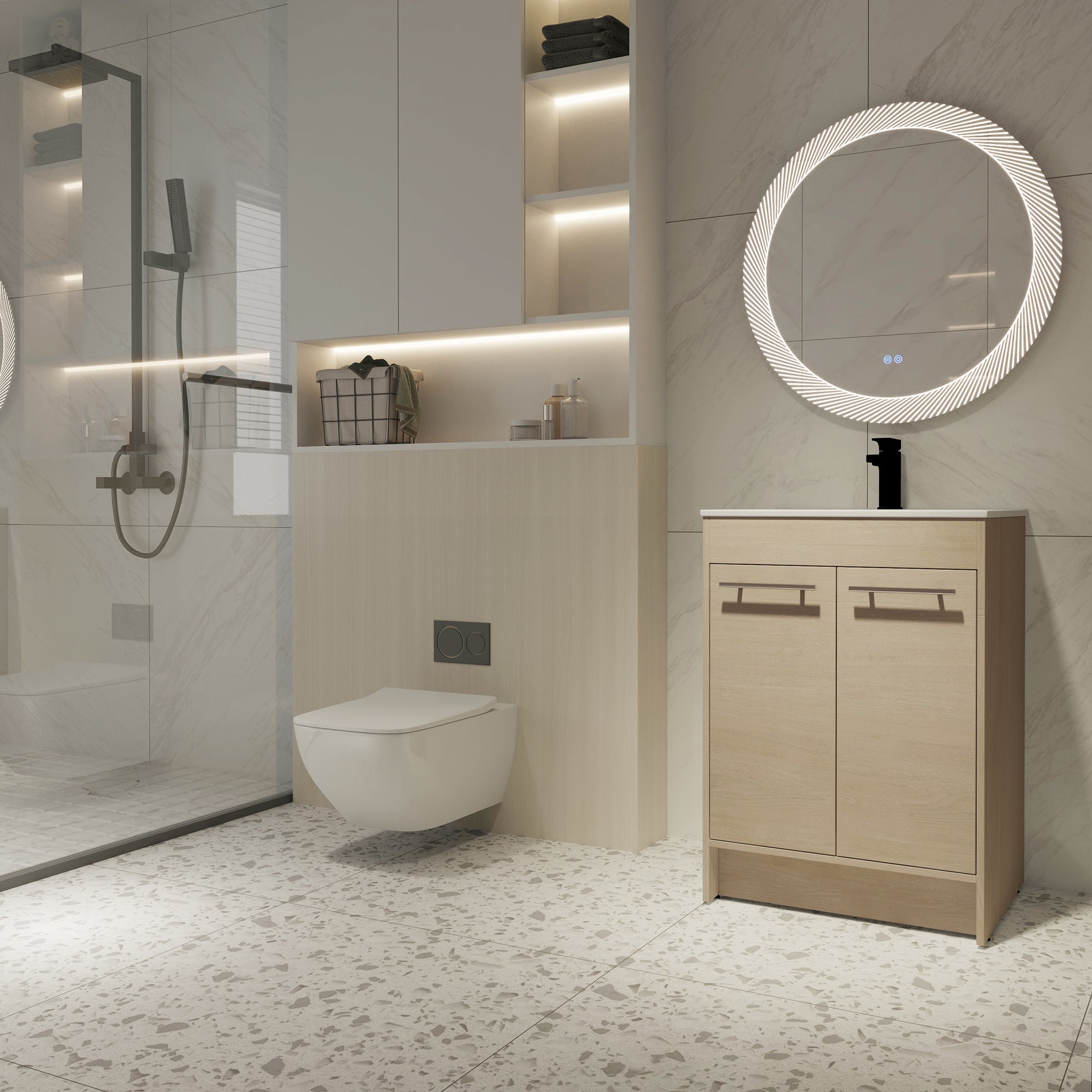 16 Inch Plywood Wall-Mounted Bathroom Vanity Set in Plain Light Oak with Single Gel Sink