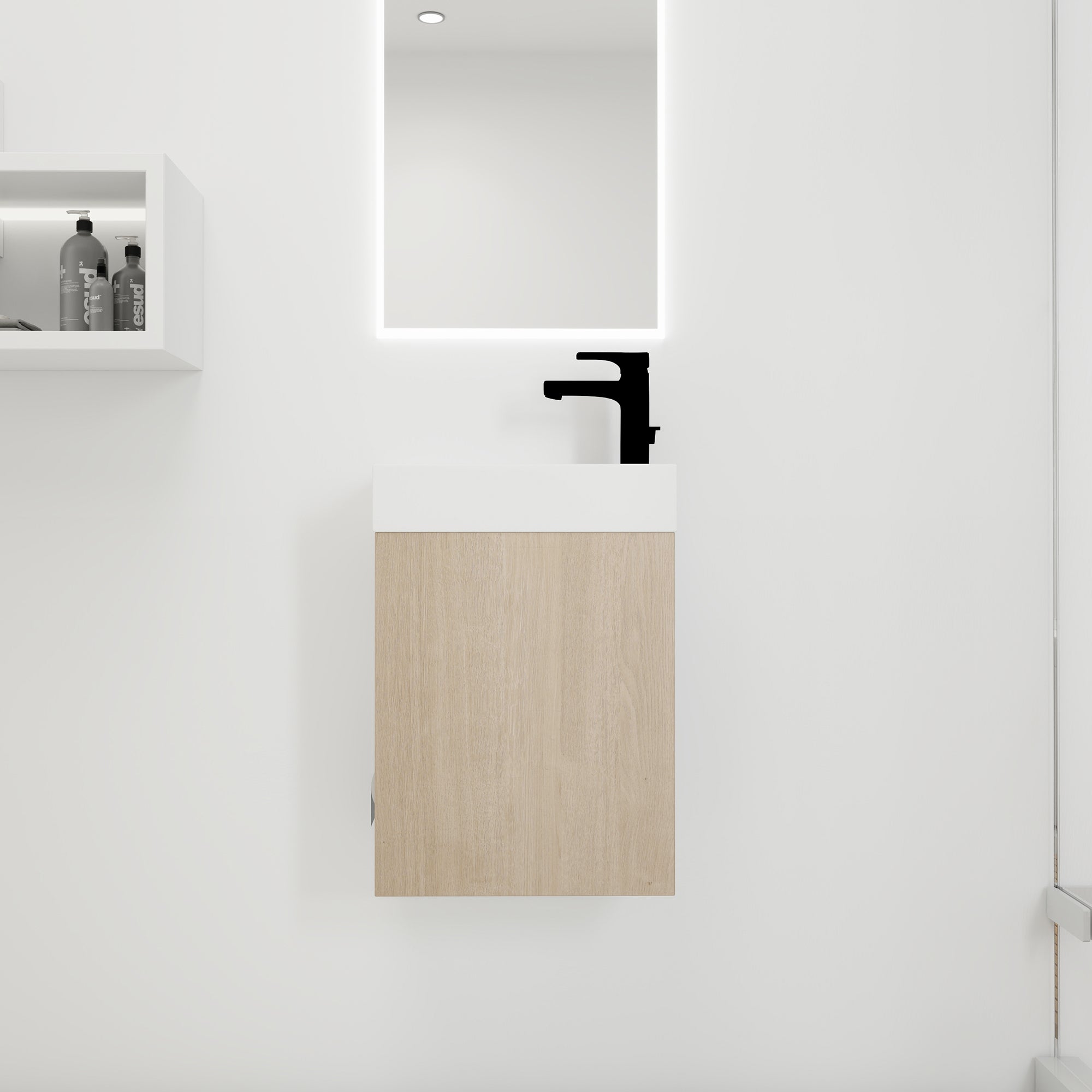 16 Inch Plywood Wall-Mounted Bathroom Vanity Set in Plain Light Oak with Single Gel Sink